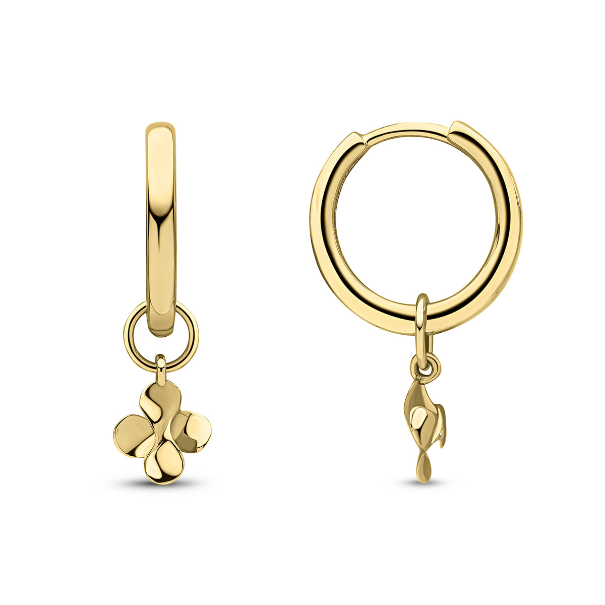 9CT YG POLISHED HINGED HOOP EARRINGS WITH DETACHABLE FOUR-LEAF CLOVER DROP