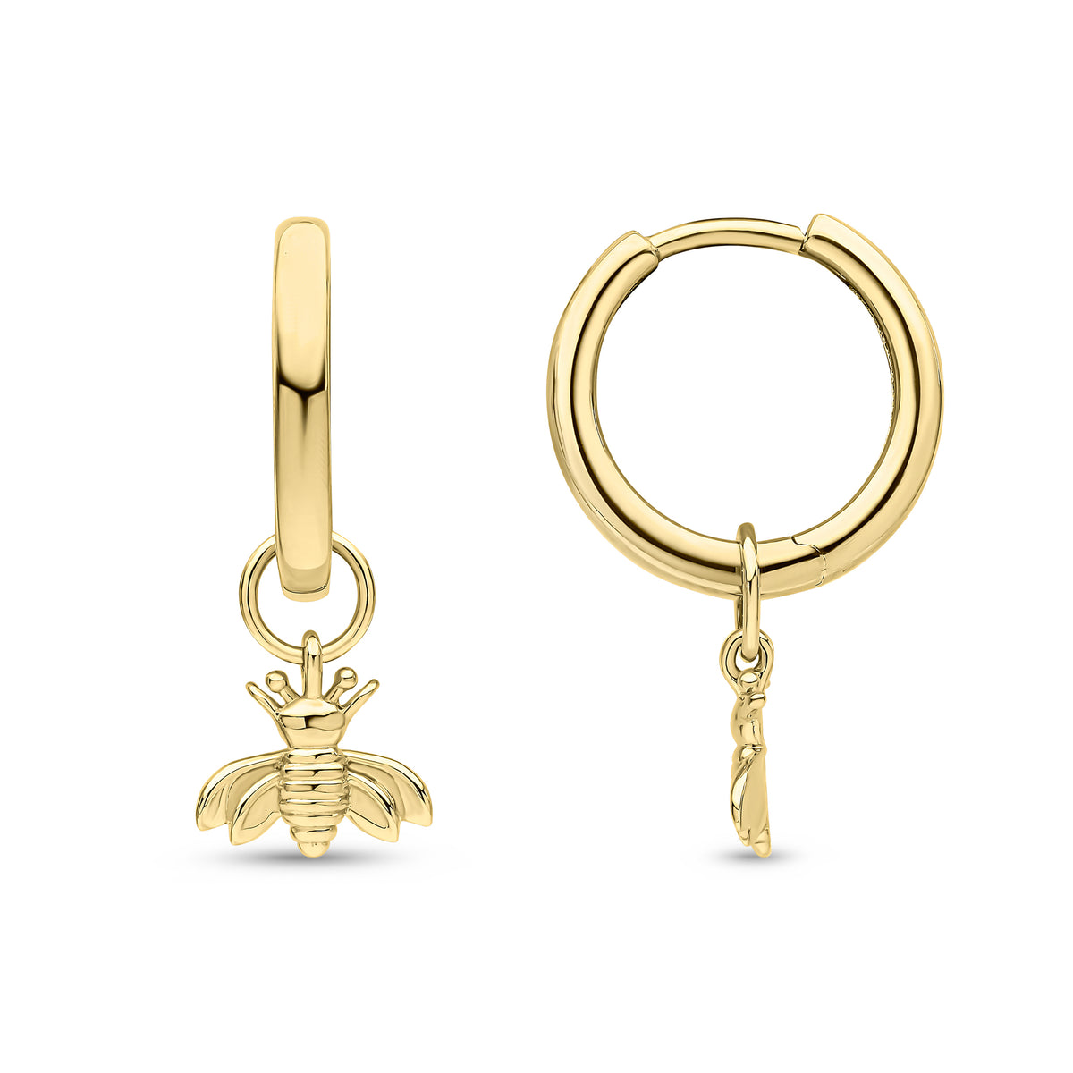 9CT YG POLISHED HINGED HOOP EARRINGS WITH DETACHABLE BEE DROP