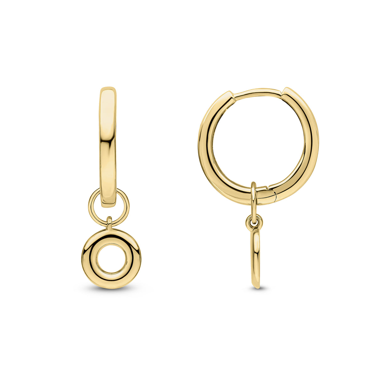 9CT YG POLISHED HINGED HOOP EARRINGS WITH DETACHABLE DONUT DROP