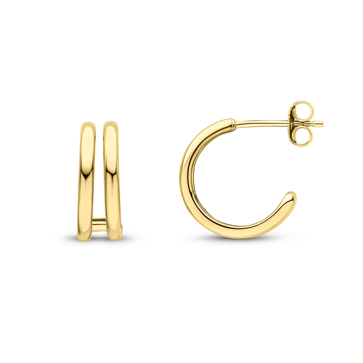 9CT YG POLISHED DOUBLE ROW HALF HOOP EARRINGS WITH PEG AND SCROLL FITTINGS