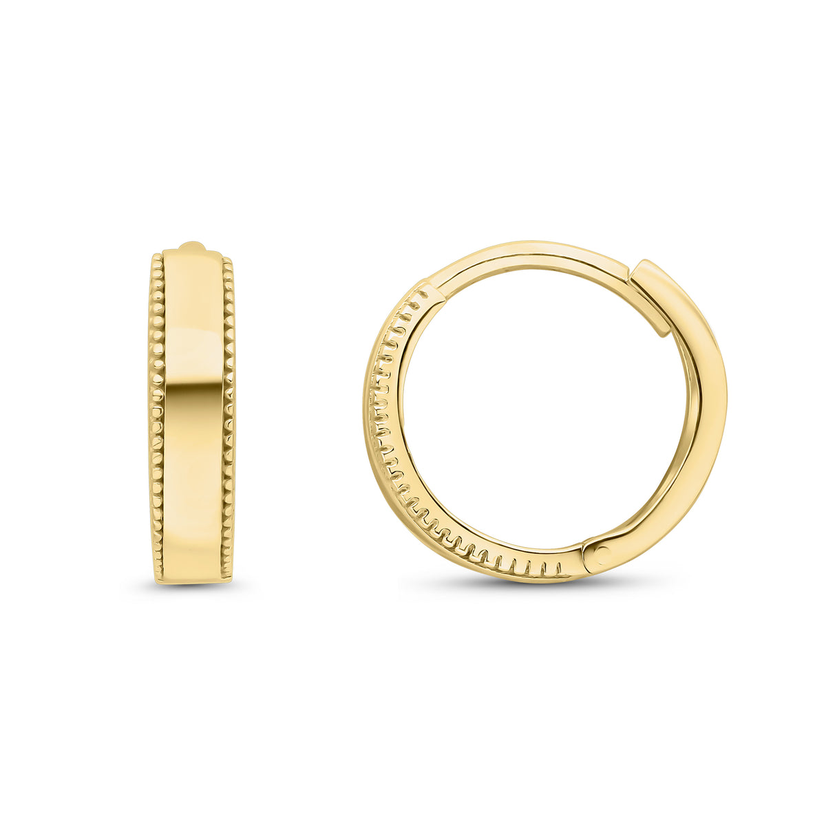 9CT YG POLISHED HUGGY EARRINGS WITH BEADED EDGE