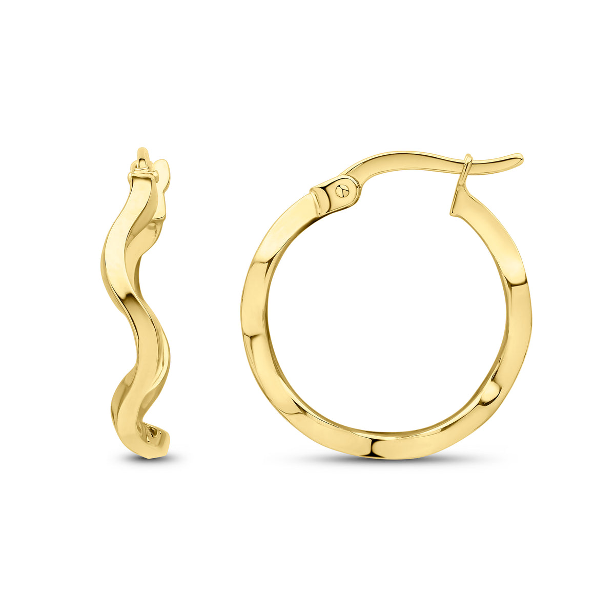 9CT YG  ROUND POLISHED WAVY HOOP EARRINGS. 18MM DIAMETER