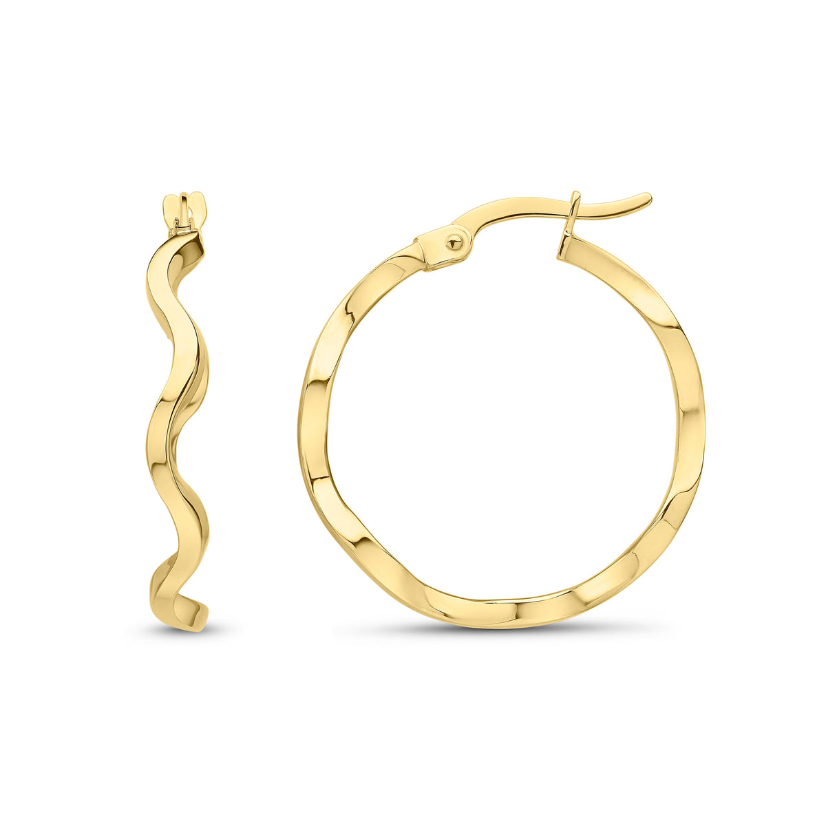 9CT YG ROUND POLISHED WAVY HOOP EARRINGS. 23MM DIAMETER