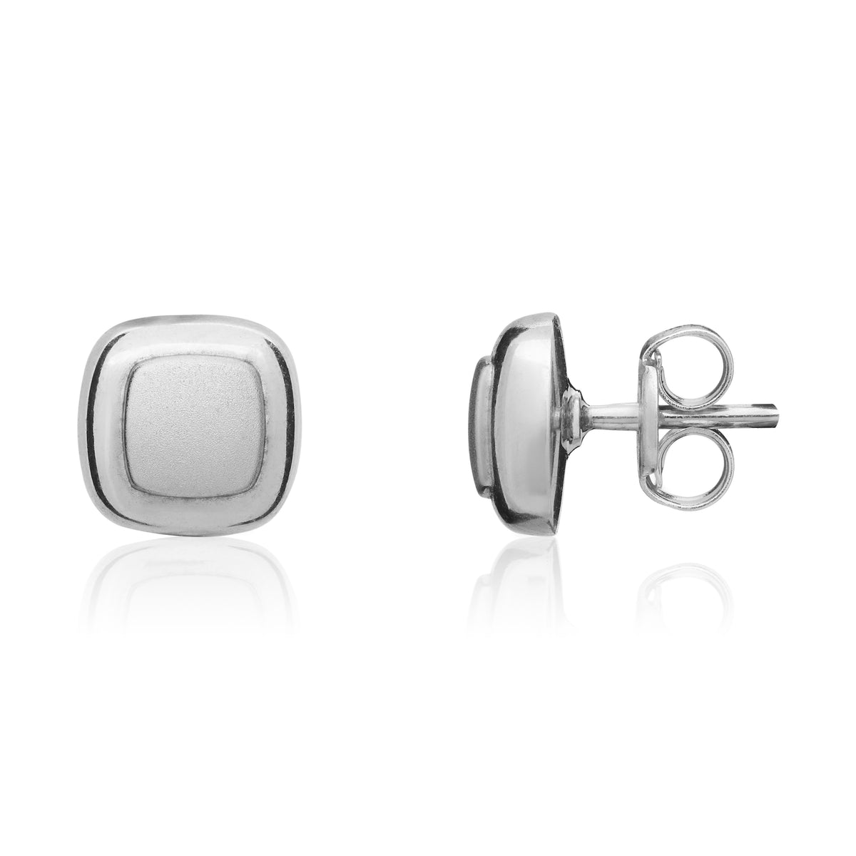 9CT WG SATIN FINISH CENTRE, POLISHED BORDER CUSHION-SHAPE STUD EARRINGS