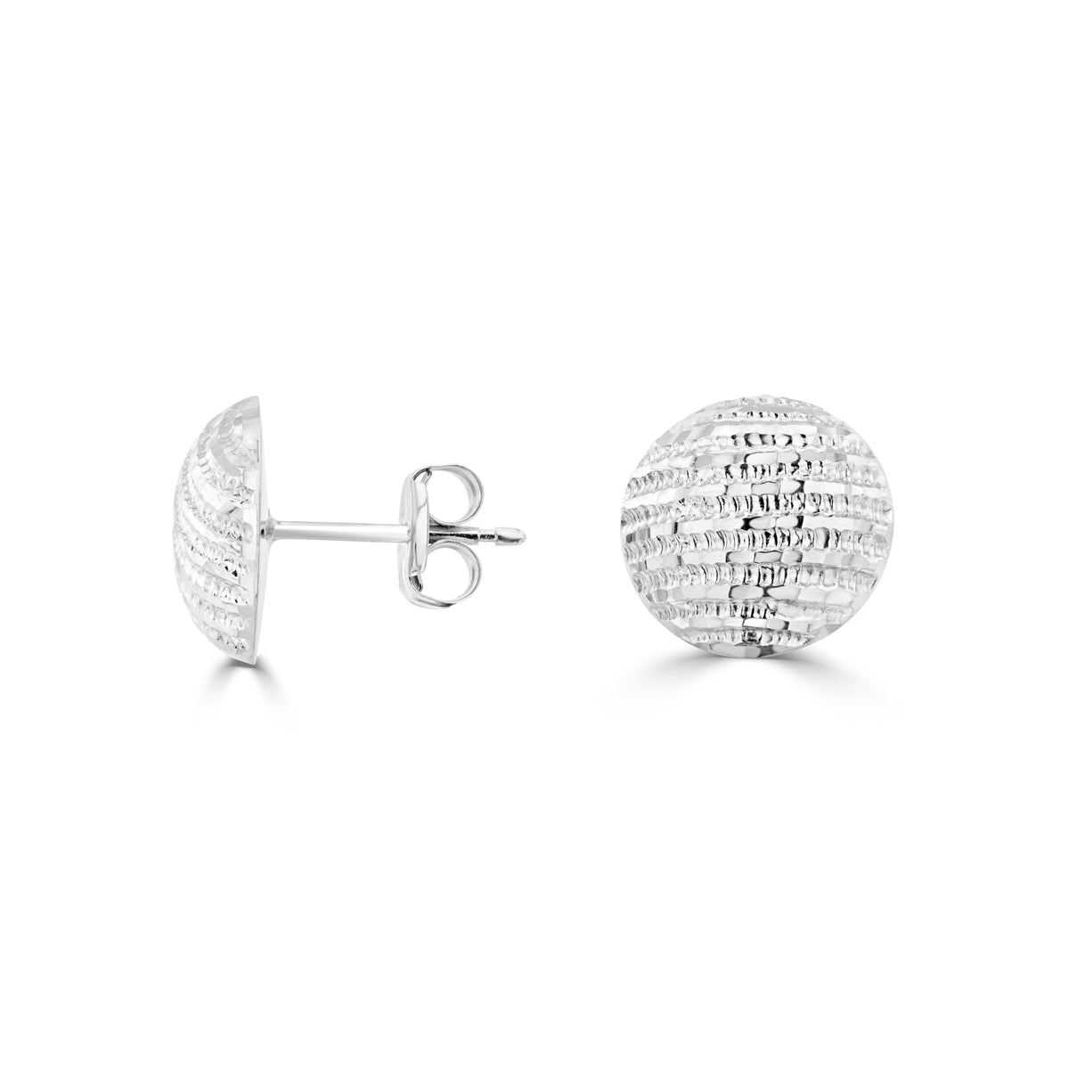 9CT WHITE GOLD DIAMOND CUT STRIPED 10MM DOMED STUD EARRINGS