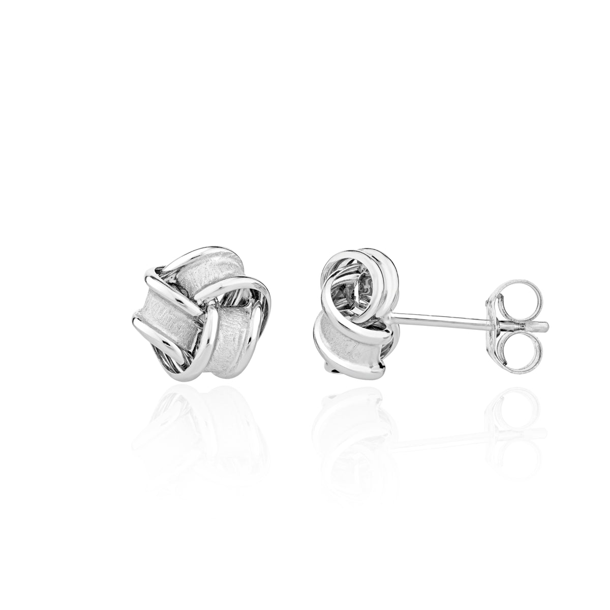 9CT WHITE GOLD FROSTED AND POLISHED RIBBON KNOT STUD EARRINGS 7.5MM