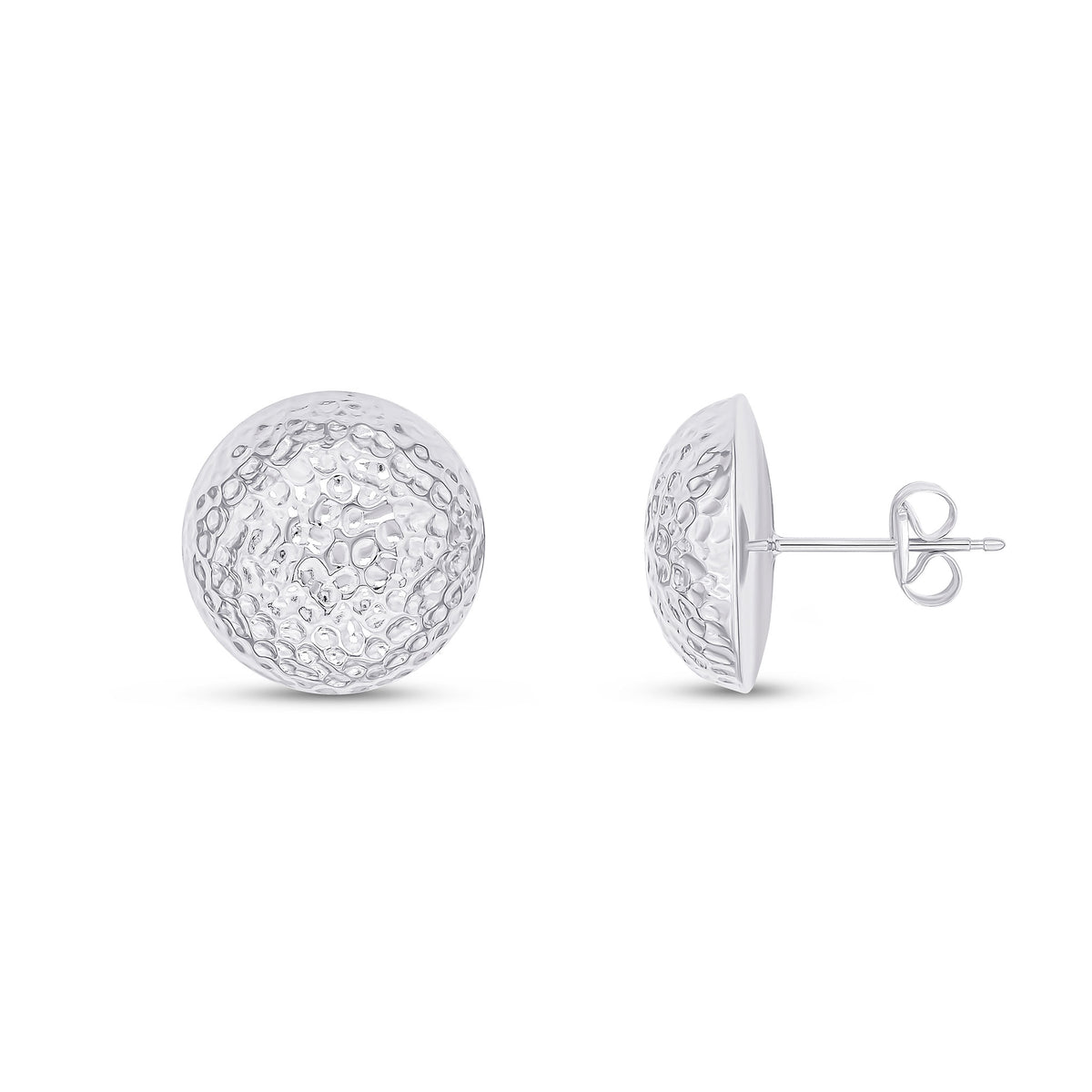 9CT WHITE GOLD HAMMERED FINISH 14MM HALF DOME STUD EARRINGS