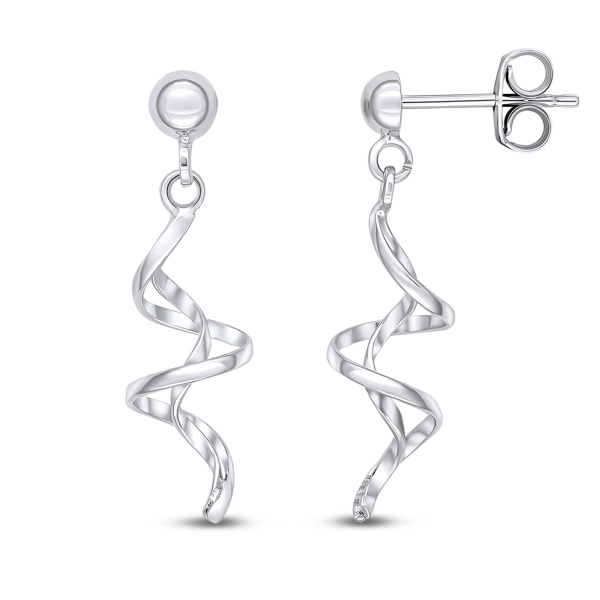 9CT WG SPIRAL DROP EARRINGS WITH HALF BEAD STUD TOP