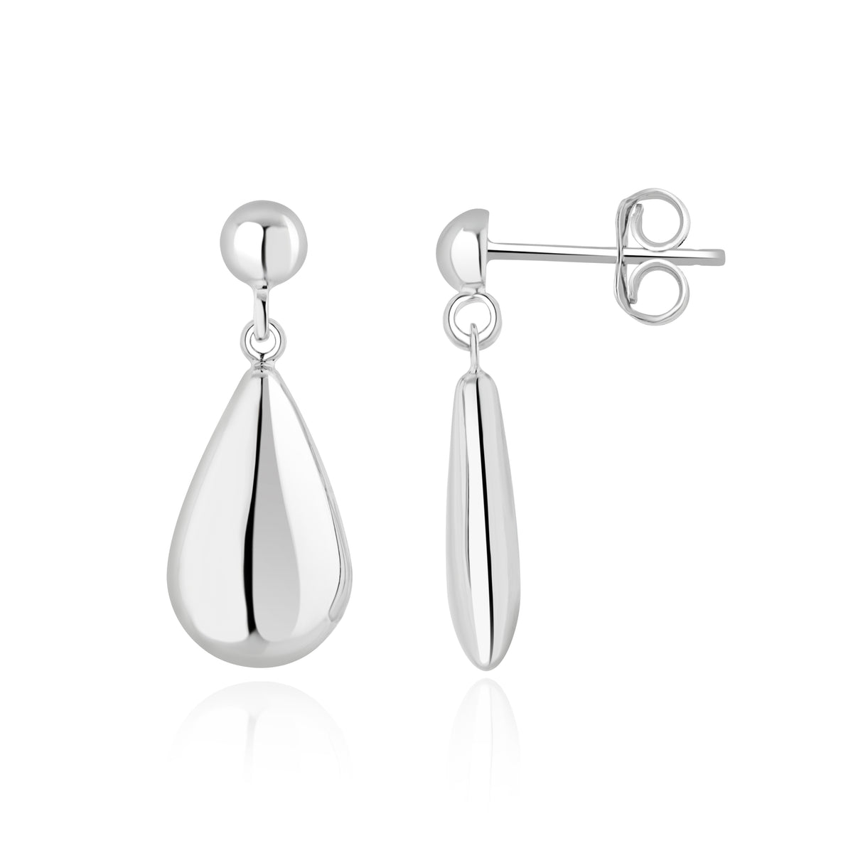9CT WG FLAT POLISHED PEARSHAPE DROP EARRINGS WITH HALF BEAD TOP