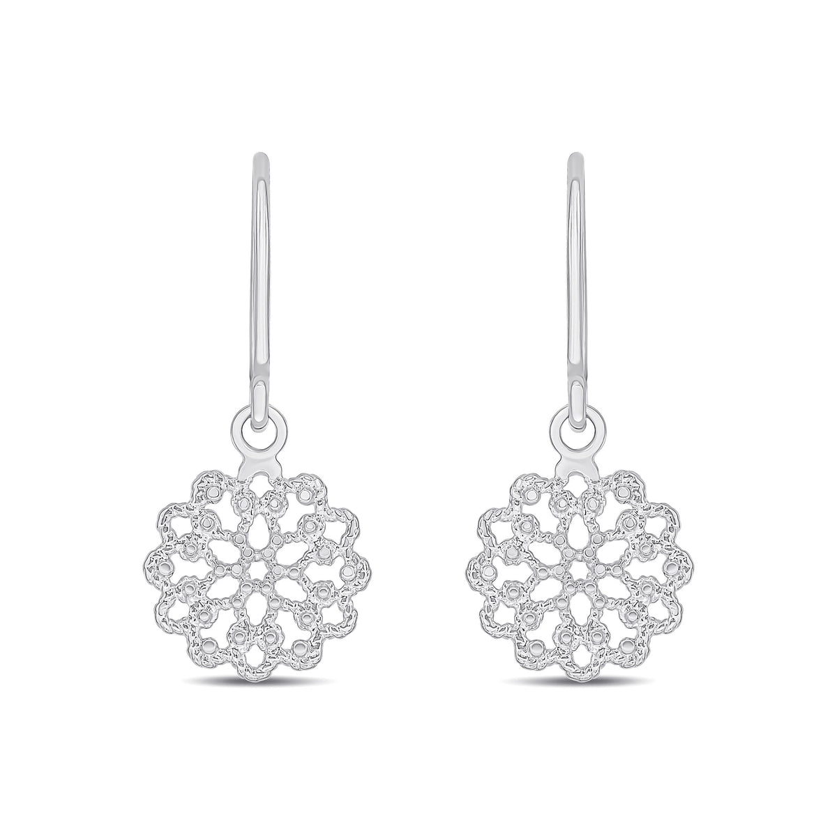 9CT WHITE GOLD ROUND FLOWER FILLIGREE DROP EARRINGS WITH SHEPHERDS HOOK FITTING