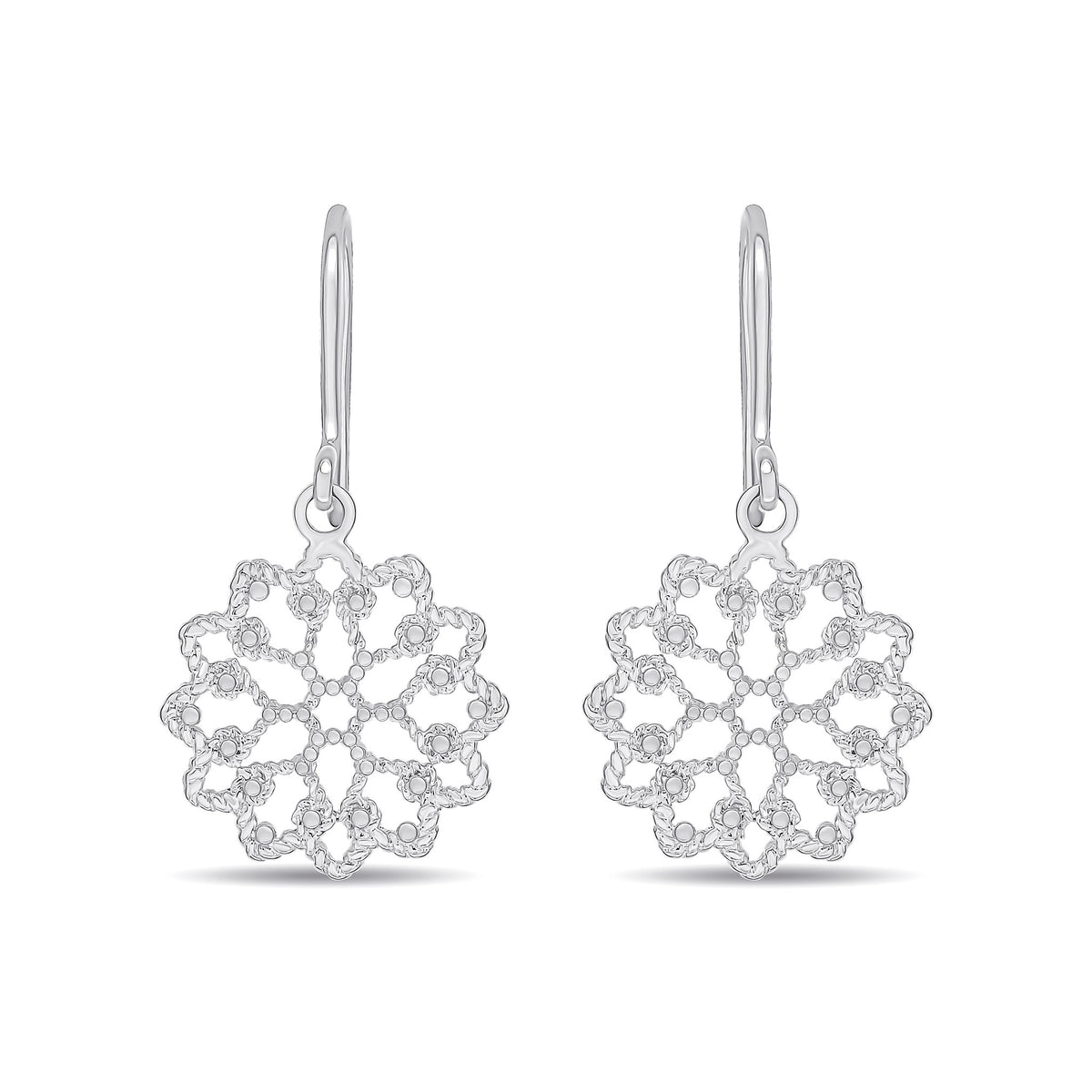 9CT WHITE GOLD ROUND FLOWER FILLIGREE DROP EARRINGS WITH SHEPHERDS HOOK FITTING