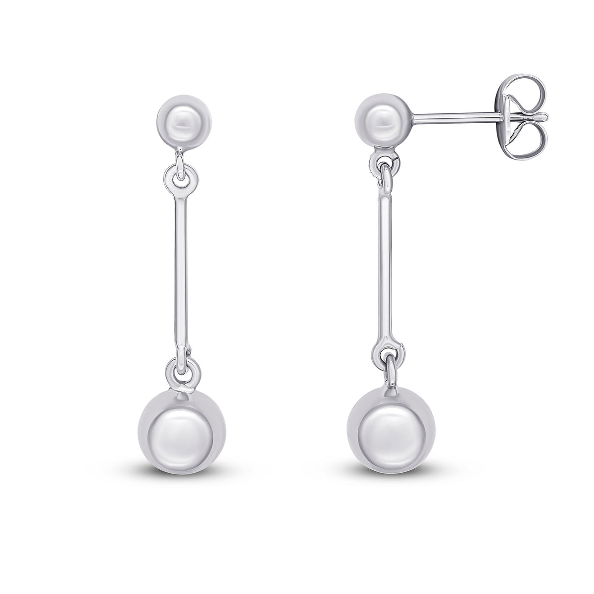 9CT WHITE GOLD 4MM AND 6MM POLISHED BALLS AND BAR DROP EARRINGS
