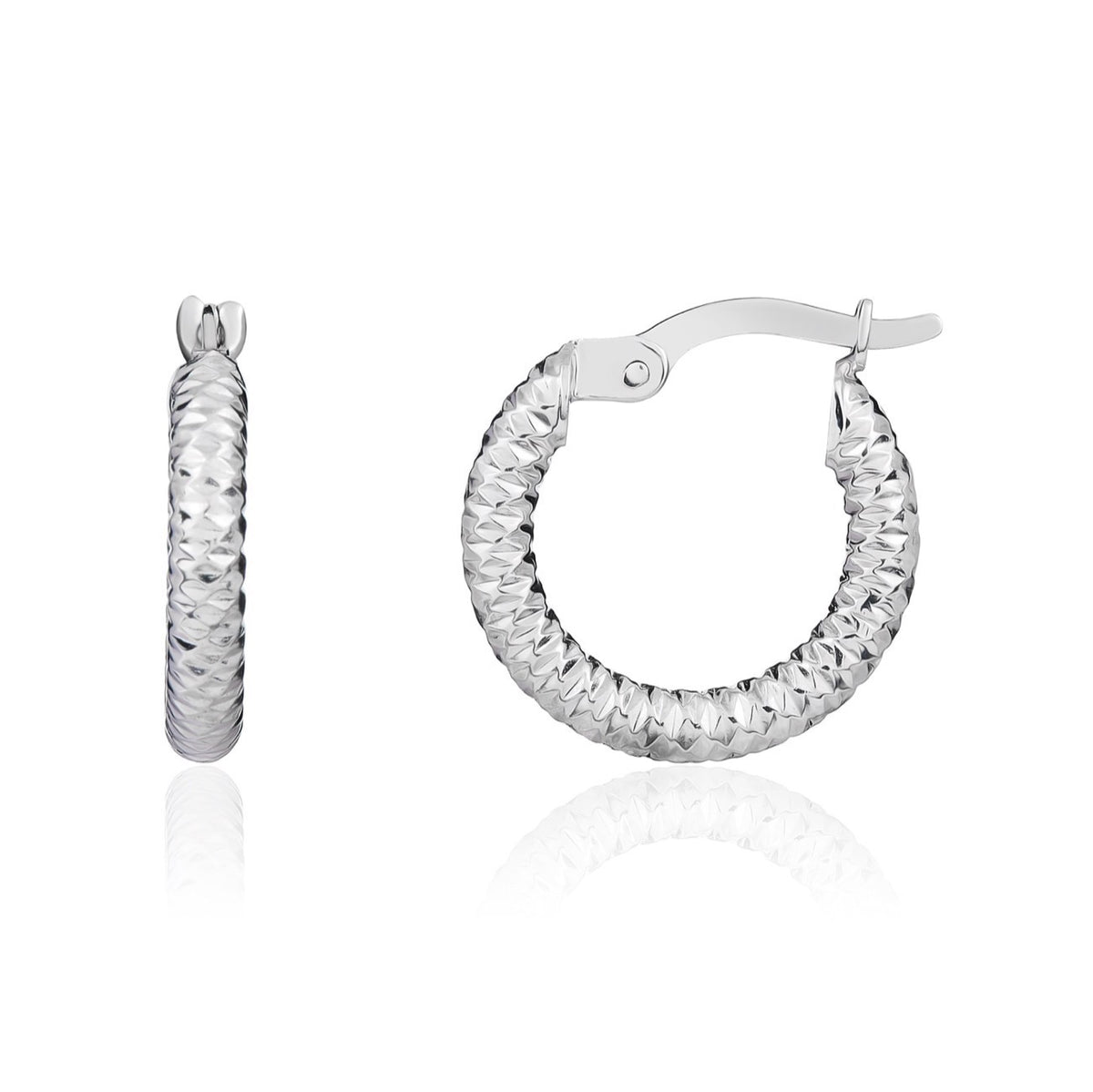9CT WHITE GOLD DIAMOND CUT SMALL HOOP EARRINGS. 15MM OUTER DIAMETER