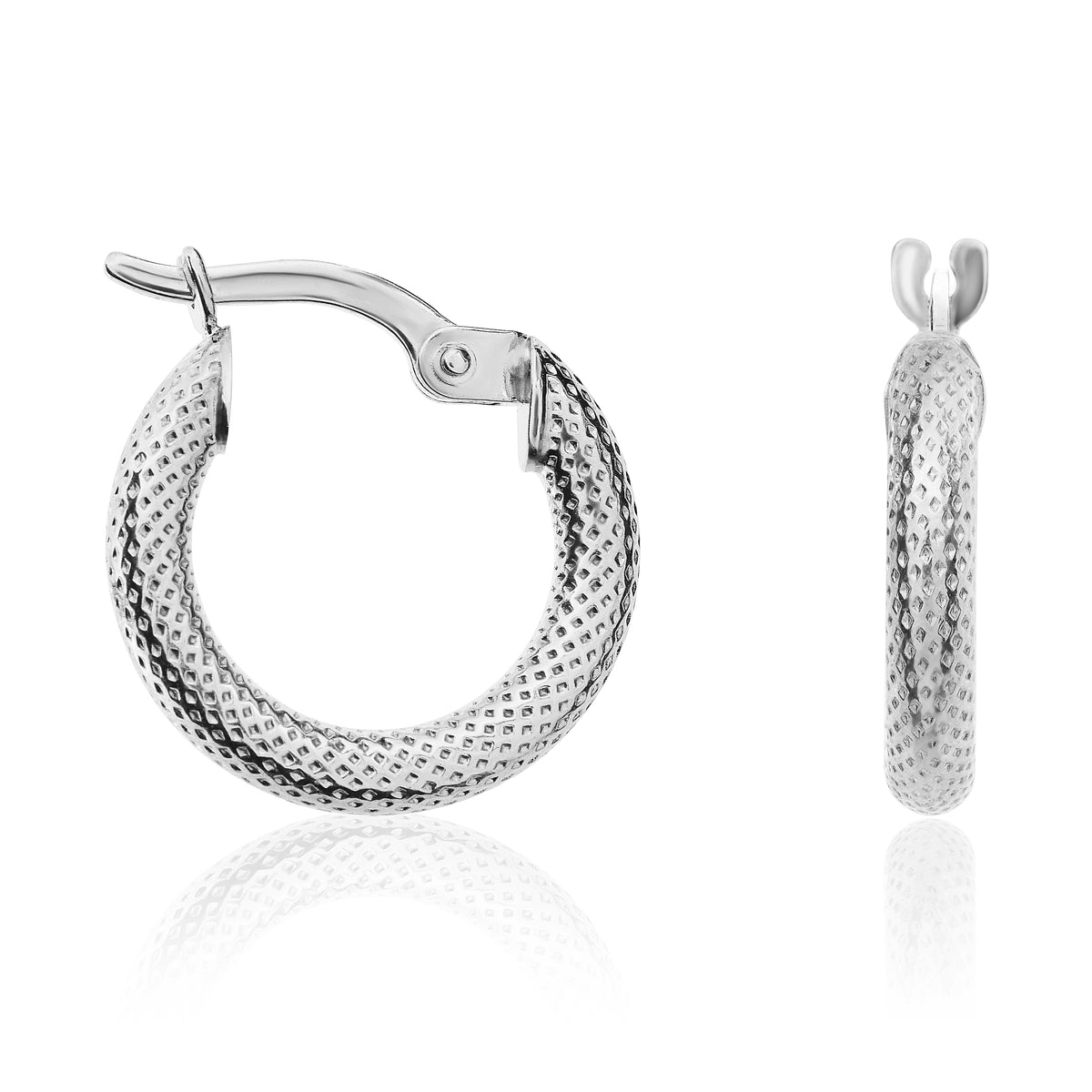 9CT WHITE GOLD STIPPLED ROUND HOOP EARRINGS. 15MM OUTER DIAMETER