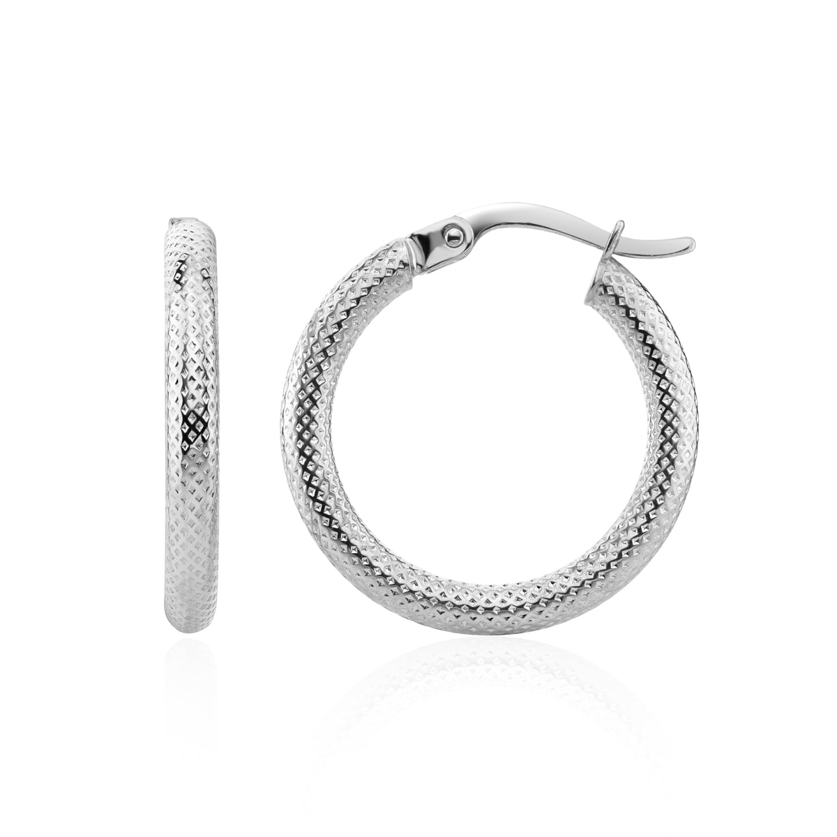 9CT WHITE GOLD STIPPLED ROUND HOOP EARRINGS. 20MM OUTER DIAMETER