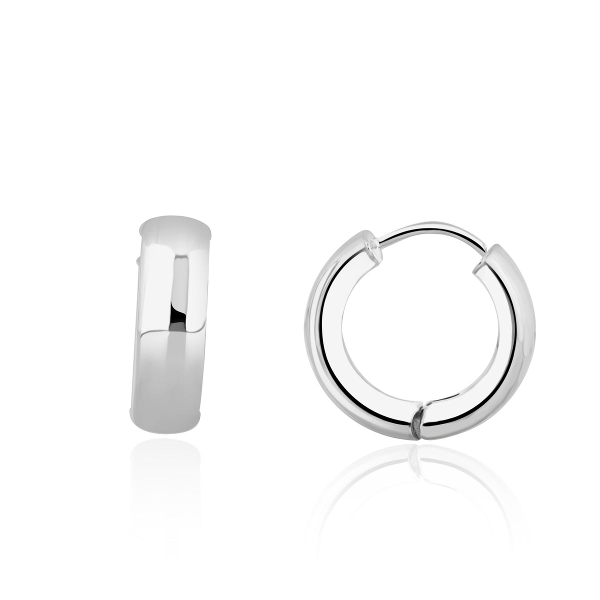 9CT WG POLISHED ROUNDED FLAT 5MM WIDE HUGGY EARRINGS. 16MM OUTER DIAMETER