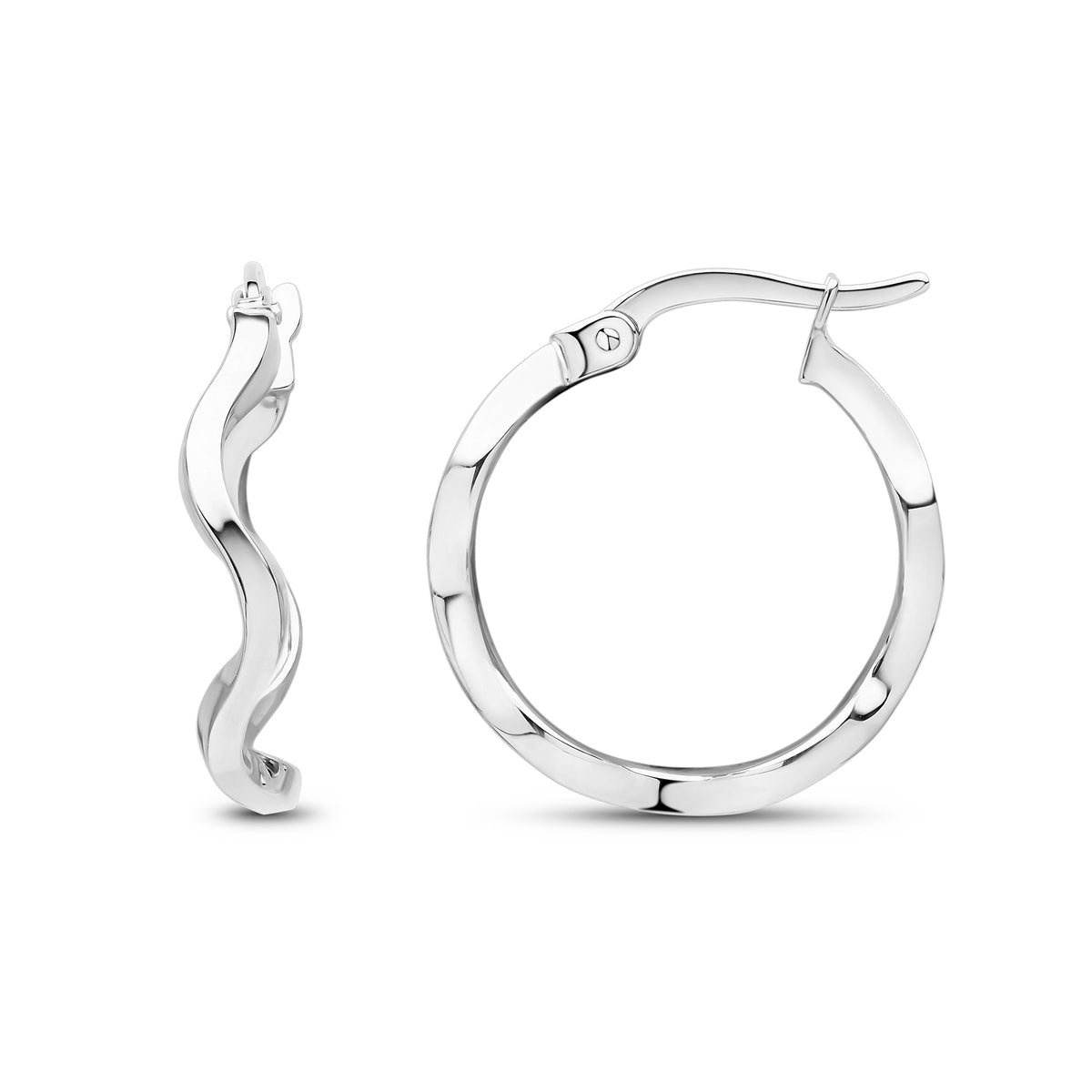9CT WG ROUND POLISHED WAVY HOOP EARRINGS. 18MM DIAMETER