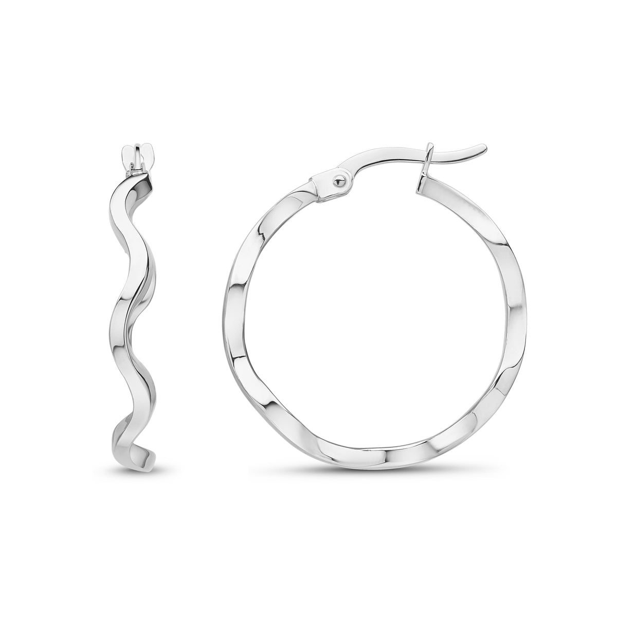 9CT WG ROUND POLISHED WAVY HOOP EARRINGS. 23MM DIAMETER