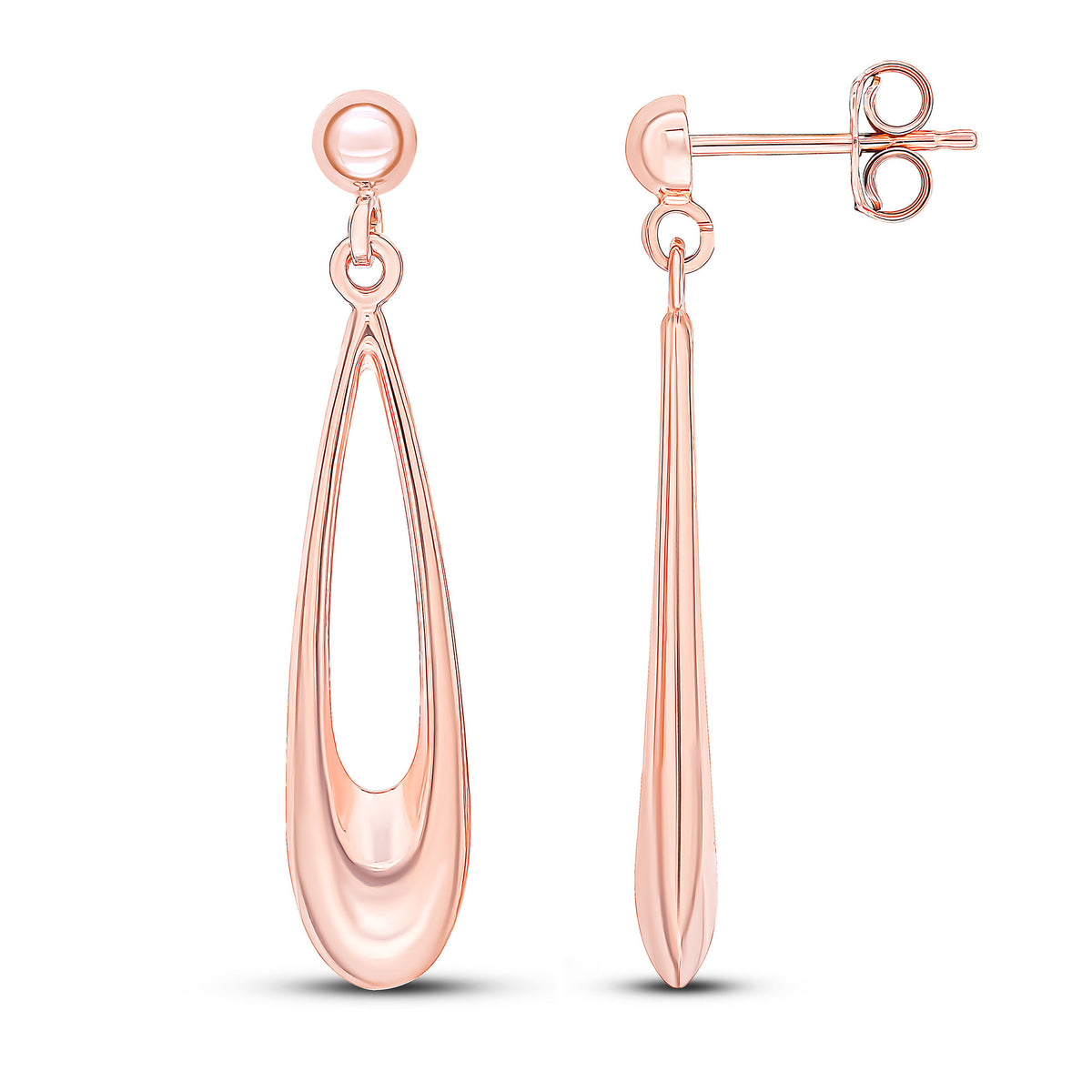 9CT ROSE GOLD LONG OPEN PEARSHAPE DROP EARRINGS WITH POLISHED HALF BEAD TOP
