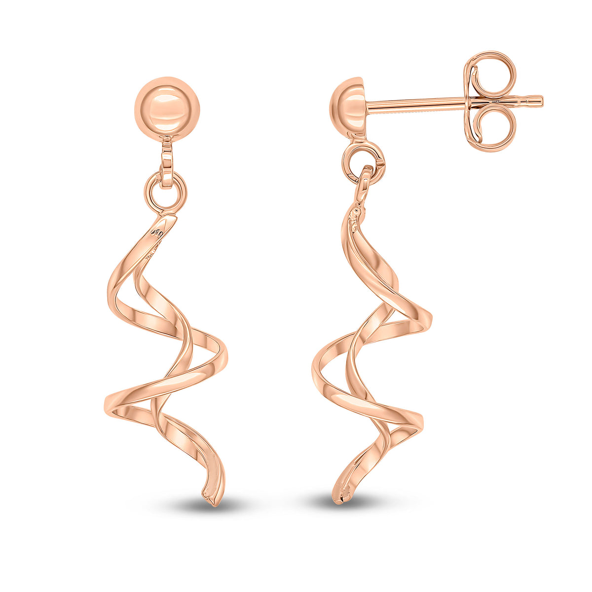 9CT RG SPIRAL DROP EARRINGS WITH HALF BEAD STUD TOP