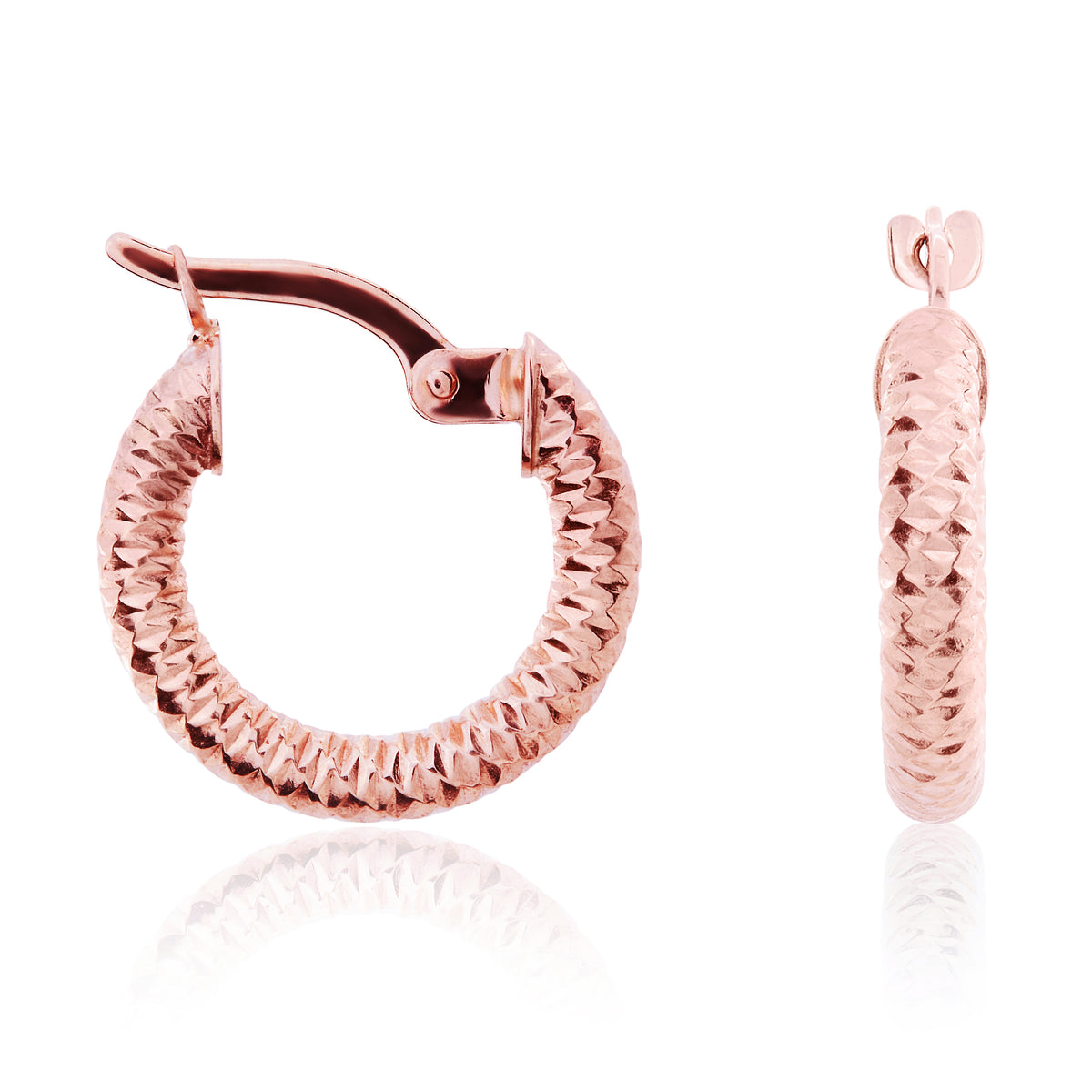 9CT ROSE GOLD DIAMOND CUT SMALL HOOP EARRINGS. 15MM OUTER DIAMETER