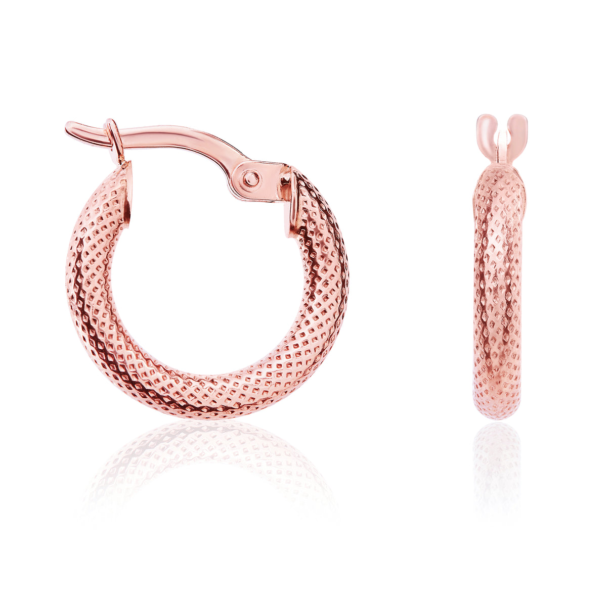 9CT ROSE GOLD TEXTURED ROUND HOOP EARRINGS. 15MM DIAMETER