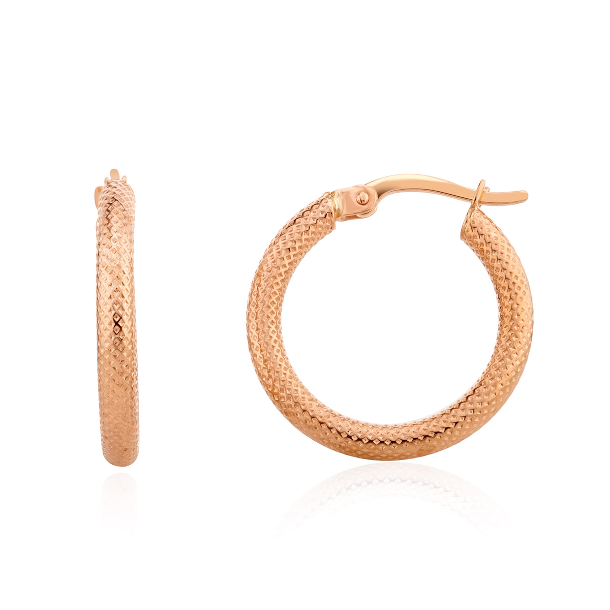 9CT ROSE GOLD STIPPLED ROUND HOOP EARRINGS. 20MM OUTER DIAMETER