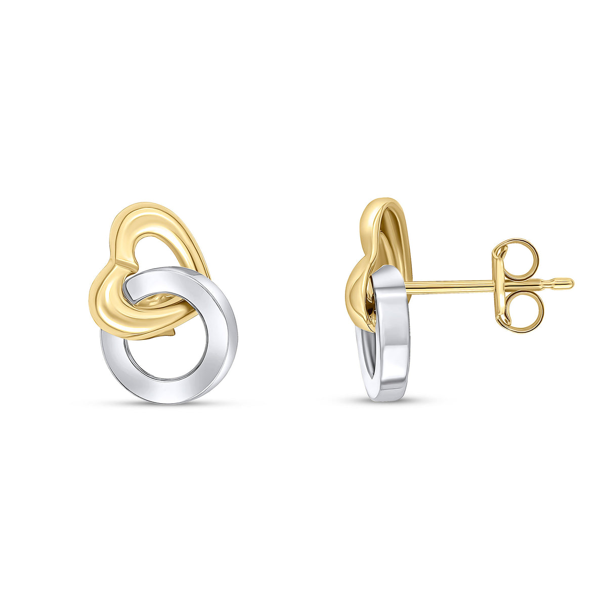 9CT YELLOW WHITE GOLD HEART & CIRCLE STUD EARRINGS