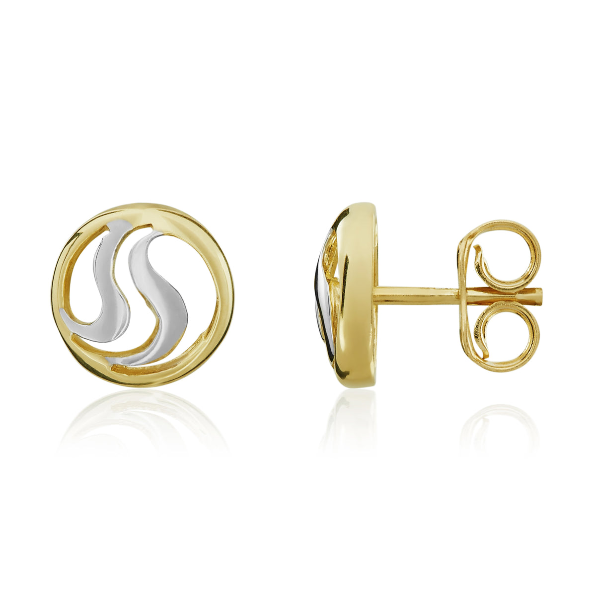 9CT YELLOW GOLD CIRCLE WITH WHITE GOLD DOUBLE SQUIGGLE CENTRE STUD EARRINGS