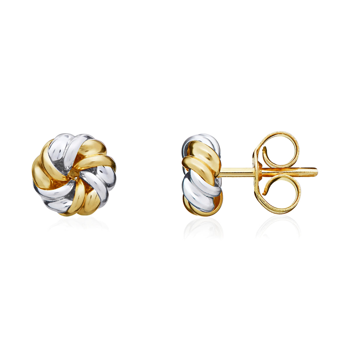 9CT YELLOW AND WHITE GOLD SMALL SWIRL KNOT STUD EARRINGS