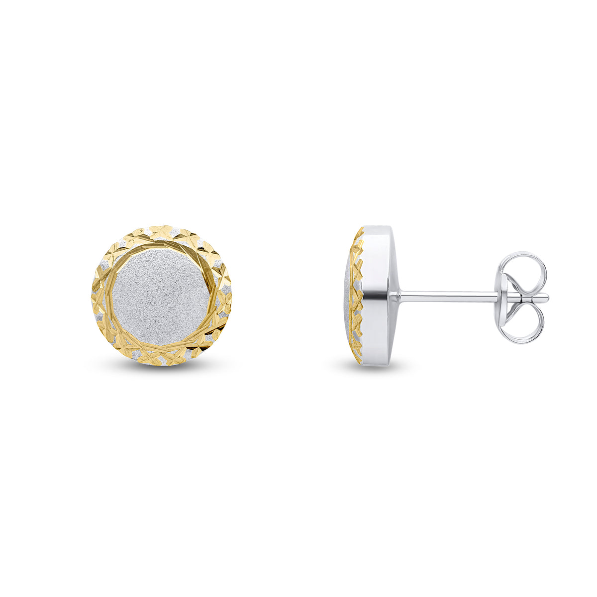 9CT WHITE GOLD SATIN FINISH CENTRE, DIAMOND CUT YELLOW EDGE ROUND STUD EARRINGS