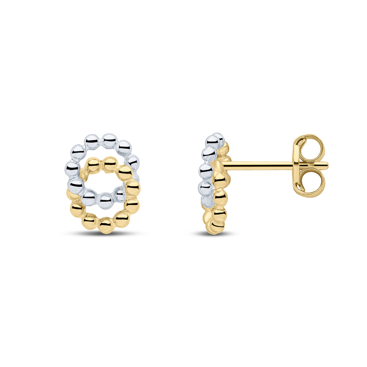 9CT YWG BEADED INTERLOCKED CIRCLE STUD EARRINGS