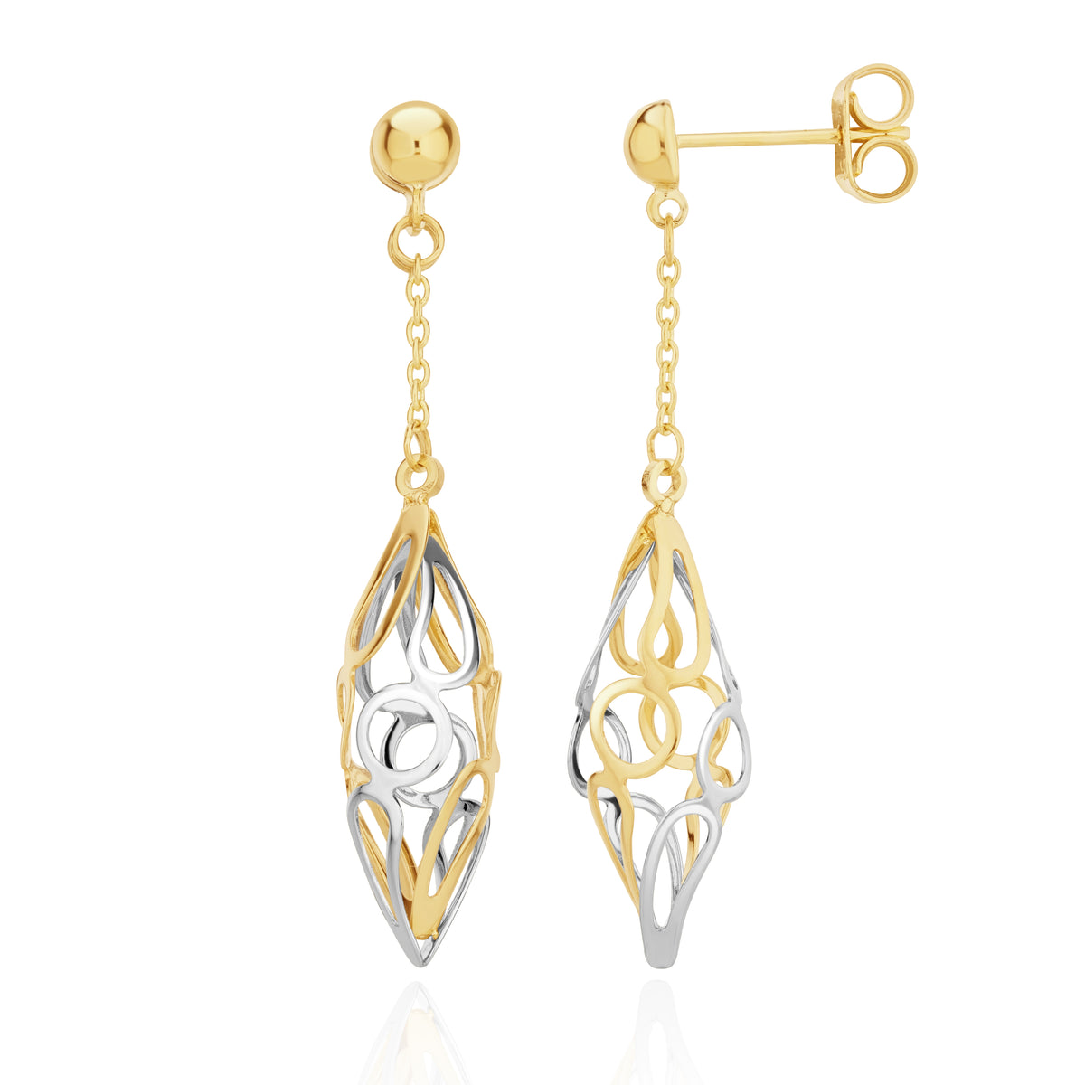 9CT YELLOW AND WHITE GOLD 3D OPENWORK MARQUISE AND CHAIN DROP EARRINGS WITH POLISHED HALF BEAD TOP