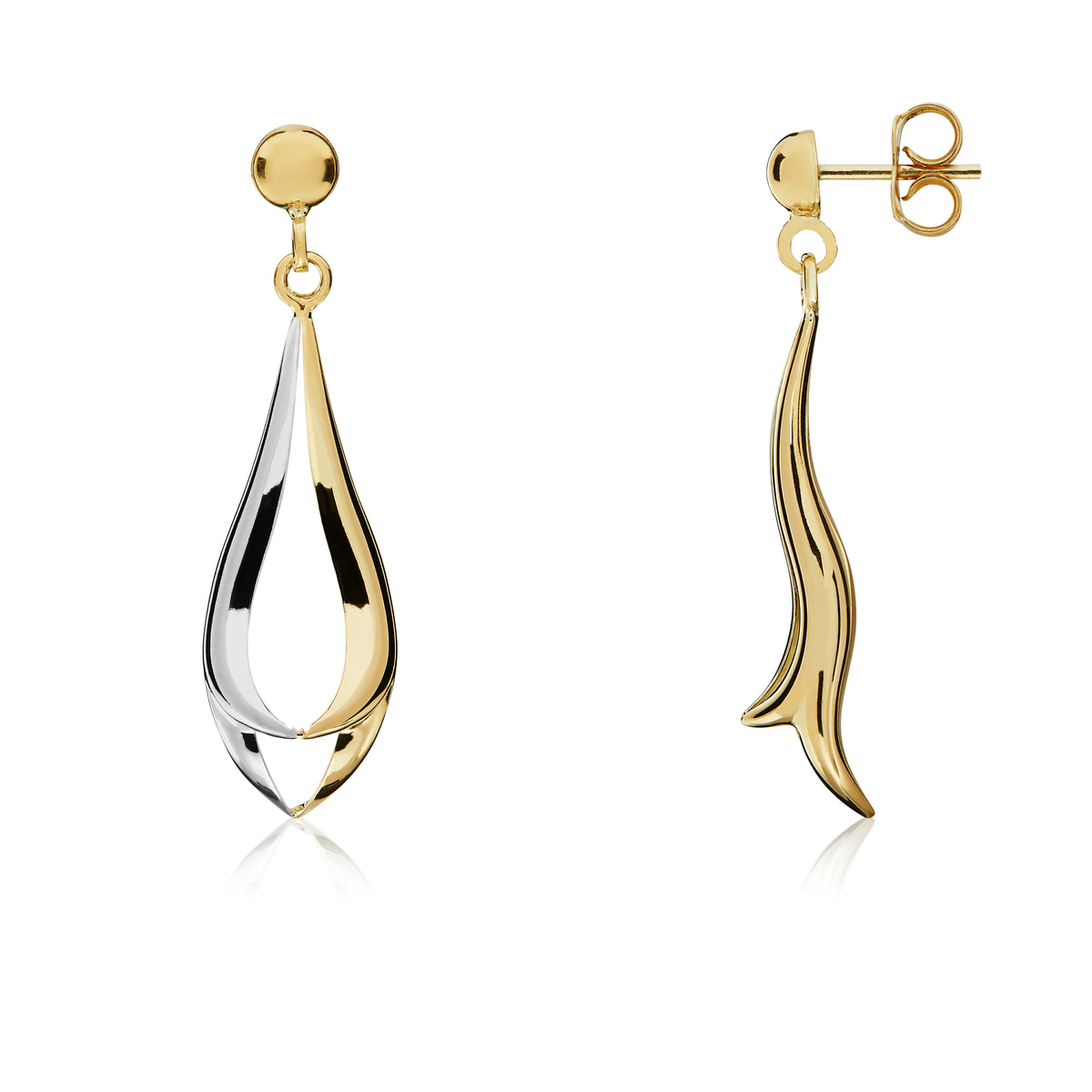 9CT YELLOW AND WHITE GOLD POLISHED SPLIT TEARDROP DROP EARRINGS WITH POLISHED HALF BEAD TOP