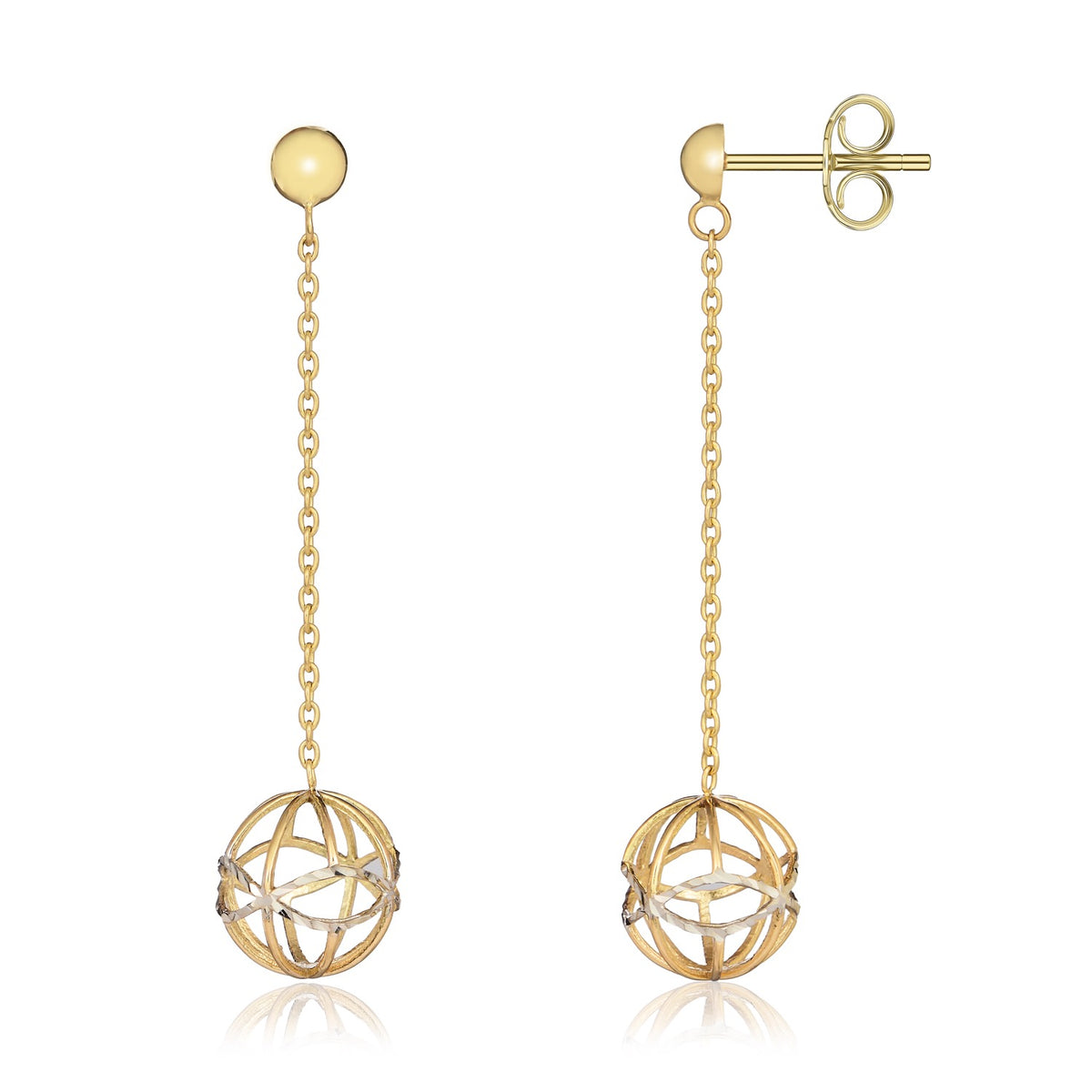 9CT YELLOW AND WHITE CHAIN AND OPENWORK BALL DROP EARRINGS