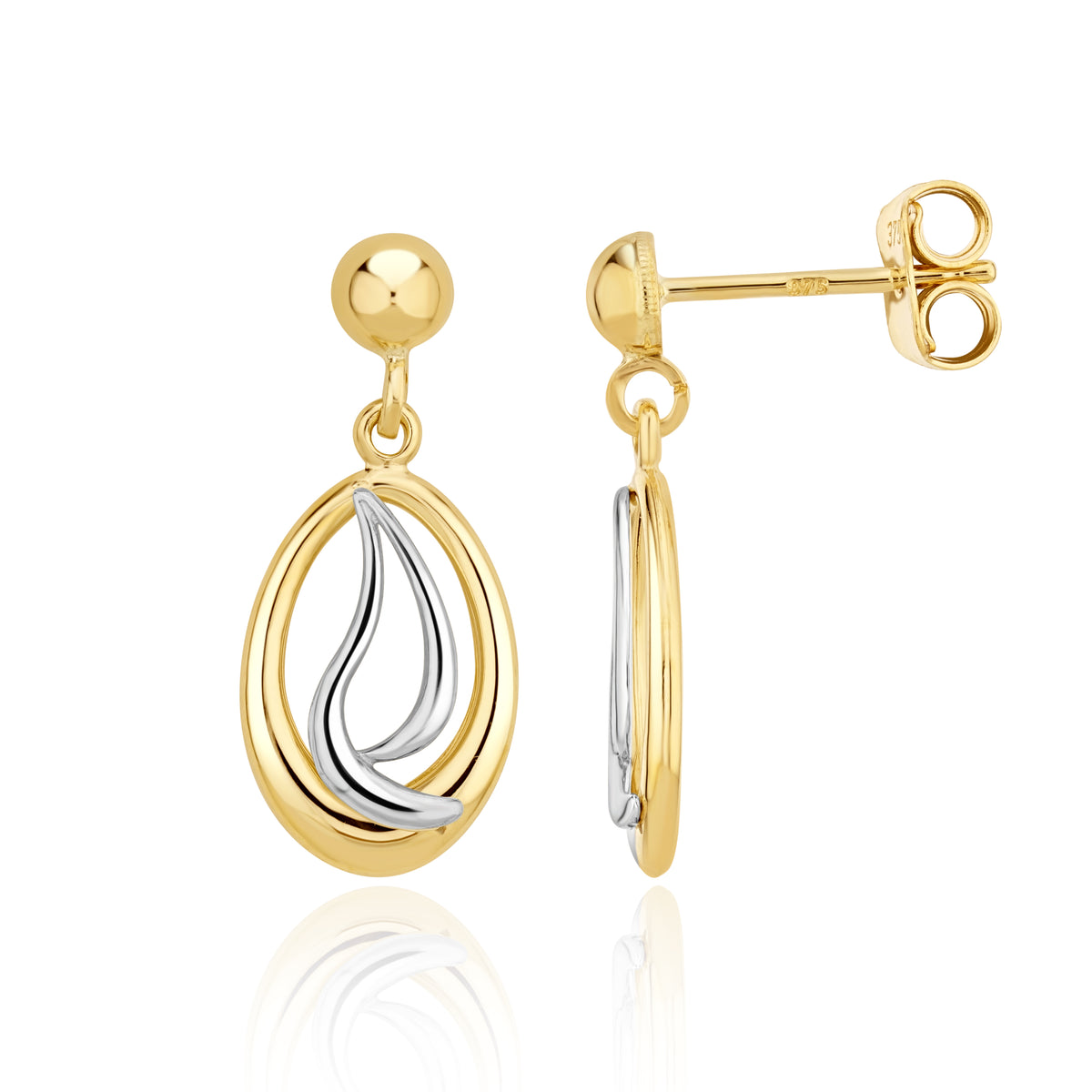 9CT YELLOW AND WHITE GOLD OPEN OVAL & SQUIGGLE DROP EARRINGS WITH 4MM HALF BEAD TOP