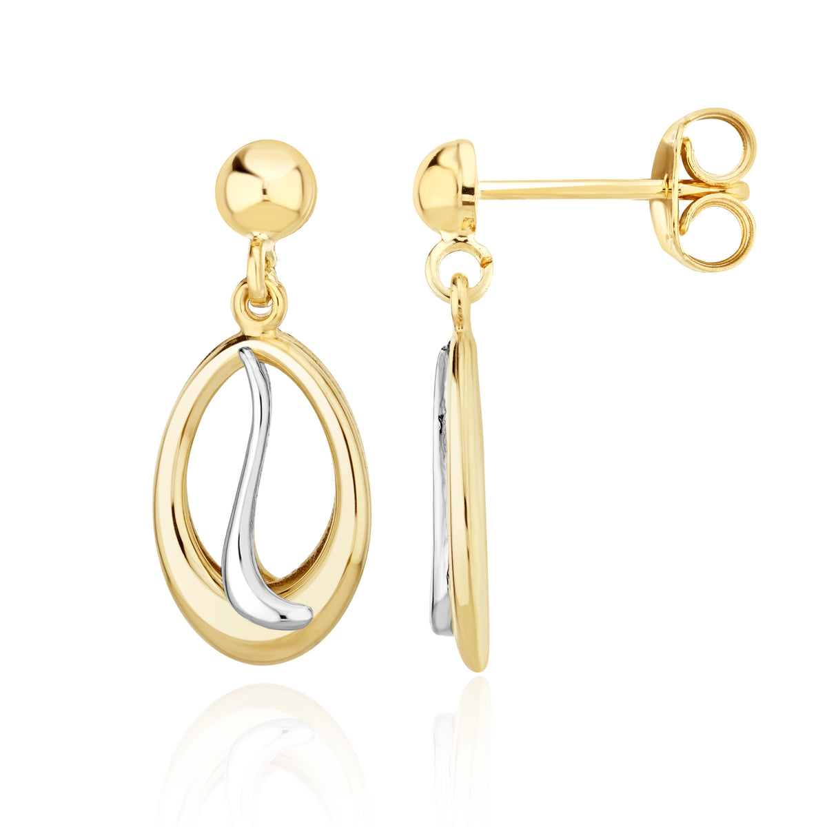 9CT YELLOW AND WHITE GOLD OPEN OVAL & SQUIGGLE DROP EARRINGS WITH 4MM HALF BEAD TOP