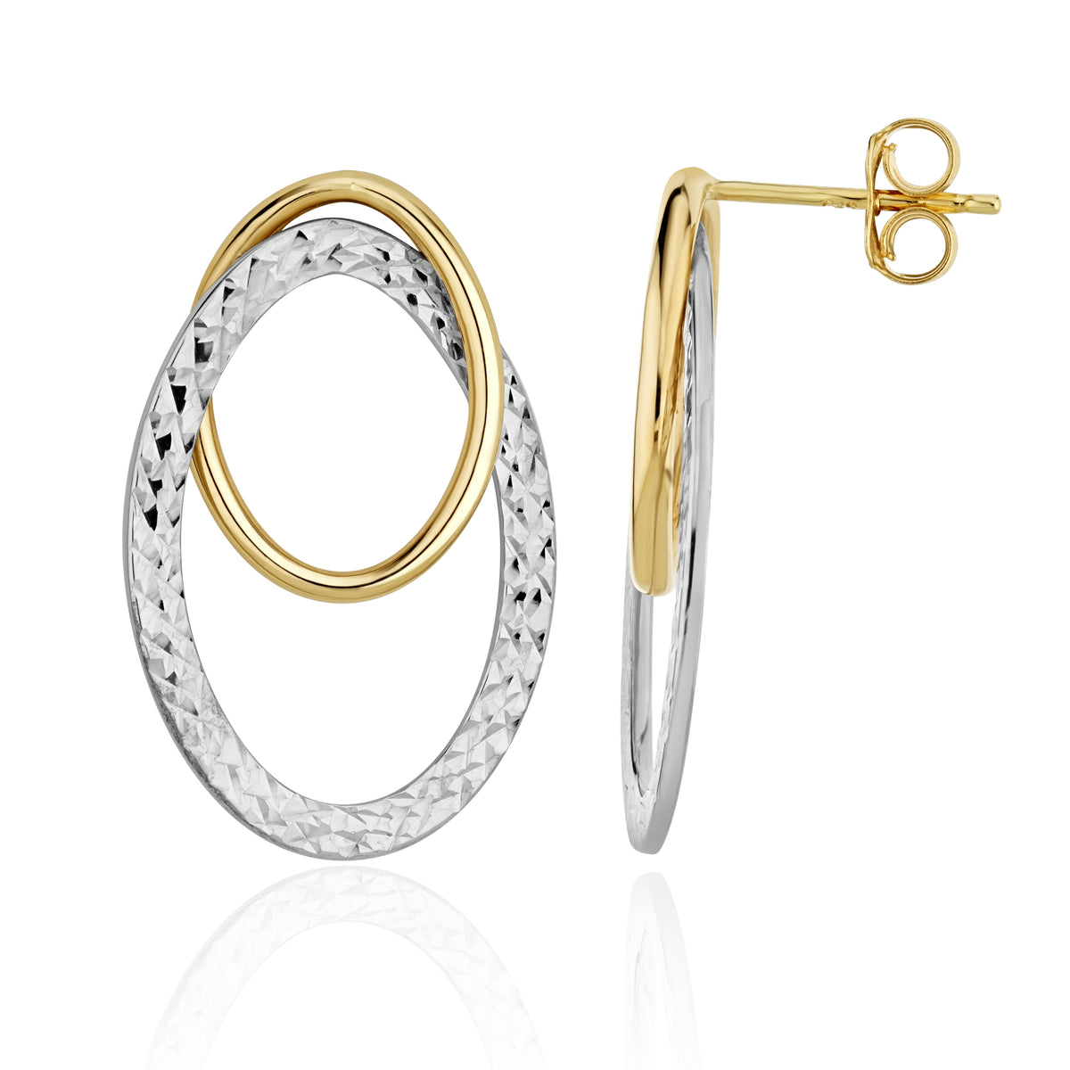 9CT PLAIN YELLOW GOLD AND PATTERNED WHITE GOLD DOUBLE OVAL DROP EARRINGS