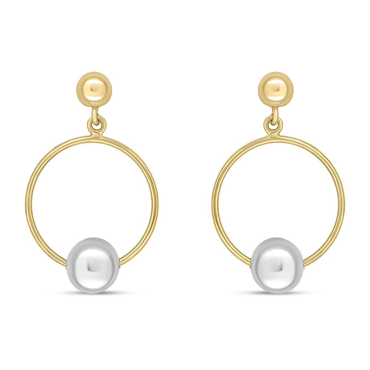 9CT YELLOW GOLD RING AND POLISHED 6MM WHITE GOLD BALL DROP EARRINGS WITH HALF BEAD STUD TOP