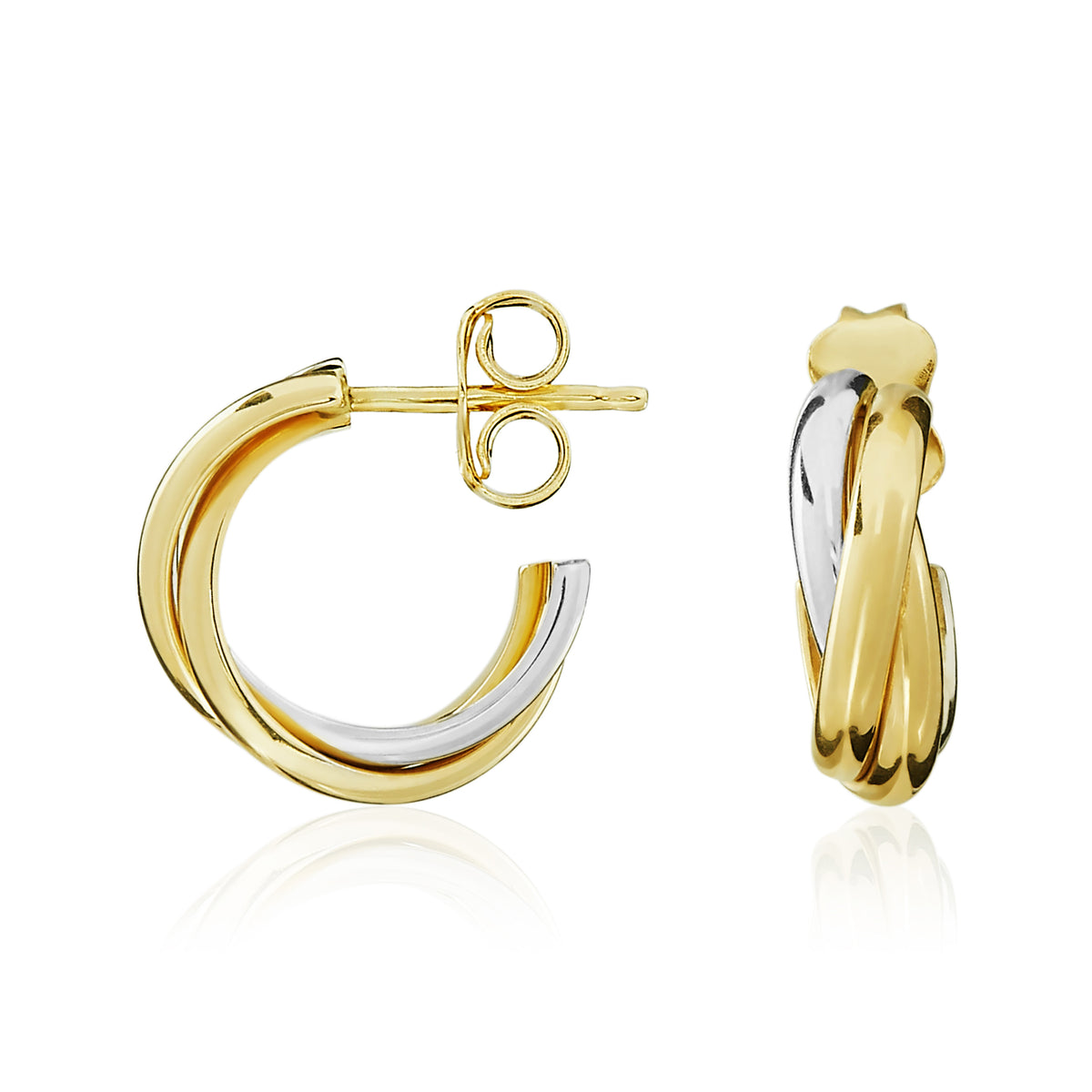 9CT YELLOW AND WHITE GOLD POLISHED RUSSION WEDDING RING STYLE HALF HOOP EARRINGS WITH PEG AND SCROLL FITTING