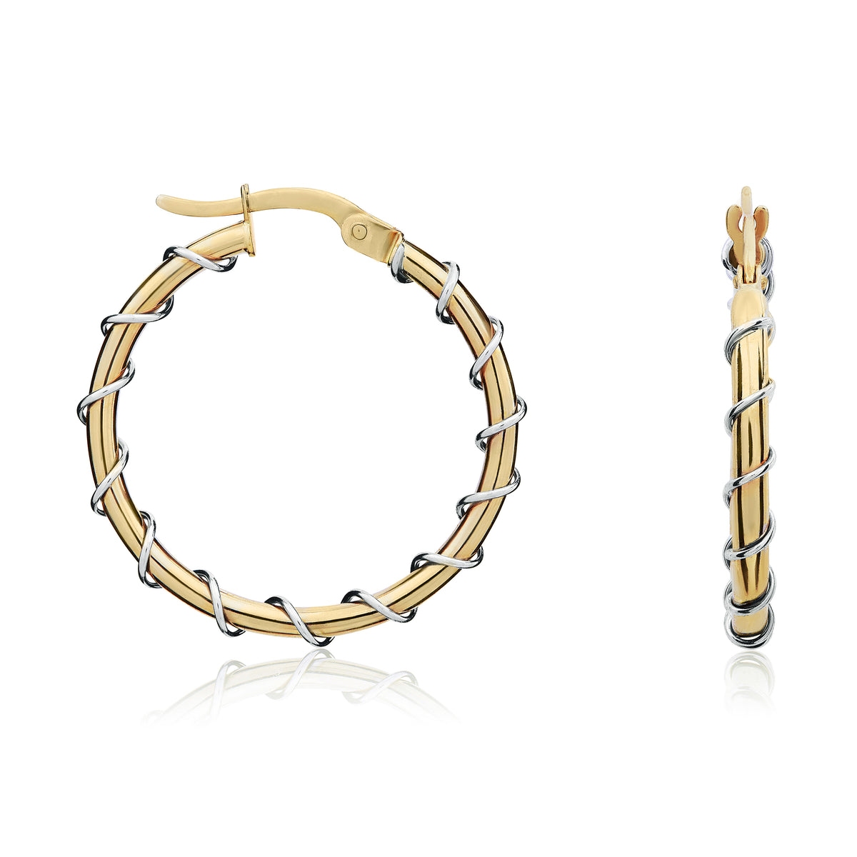 9CT YELLOW GOLD ROUND HOOP EARRINGS WITH WHITE GOLD WIRE TWIST