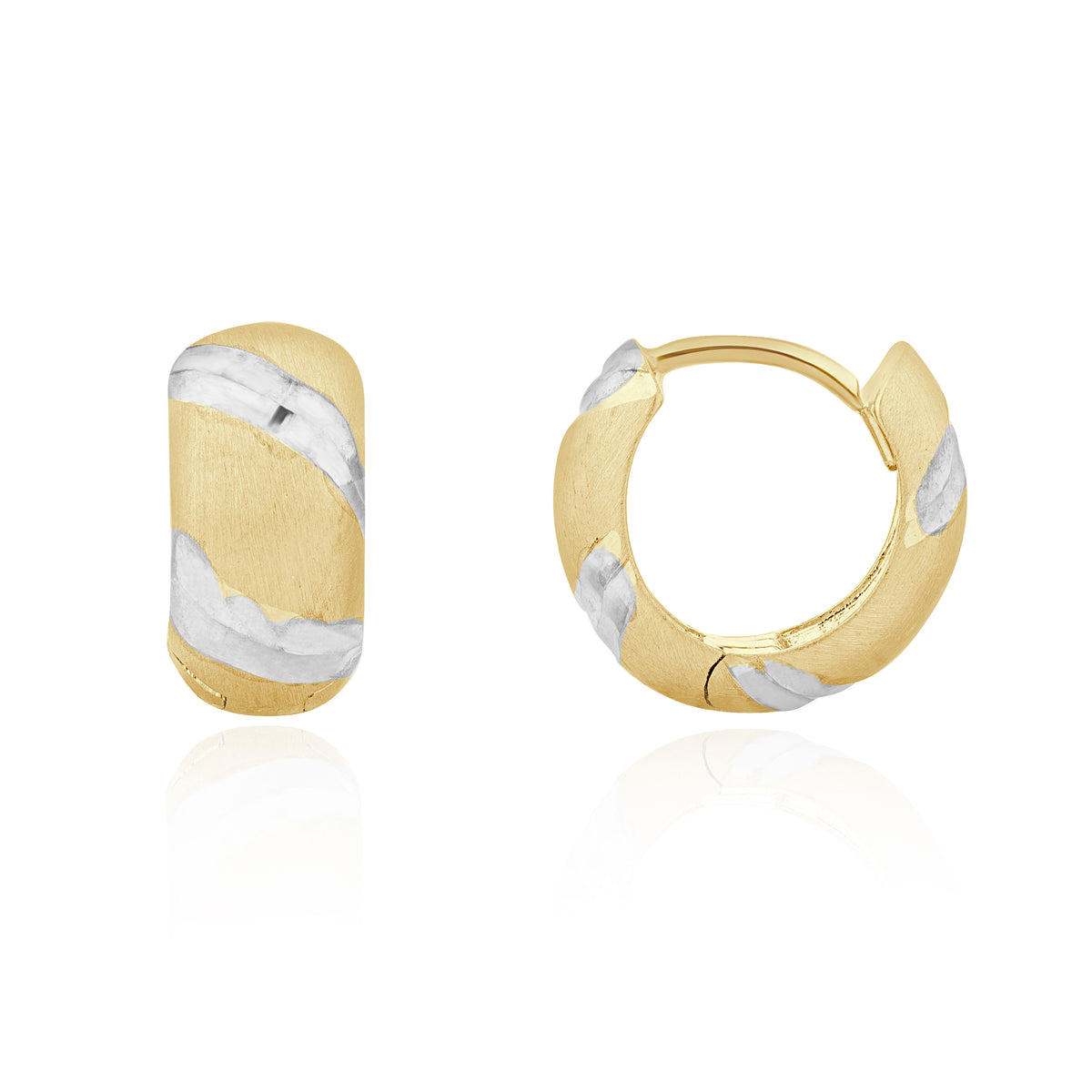 9CT YELLOW AND WHITE GOLD SATIN AND DIAMOND CUT STRIPED HINGED HUGGY EARRINGS