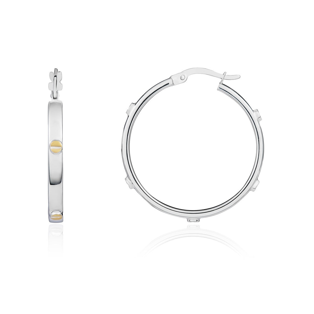 9CT WG SQUARE PROFILE HOOP EARRINGS WITH YELLOW GOLD SCREW MOTIFS. 28MM OUTER DIAMETER