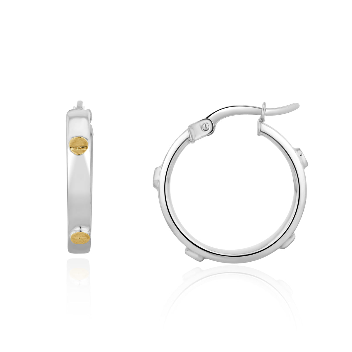 9CT WG SQUARE PROFILE HOOP EARRINGS WITH YG SCREW MOTIFS. 18MM OUTER DIAMETER