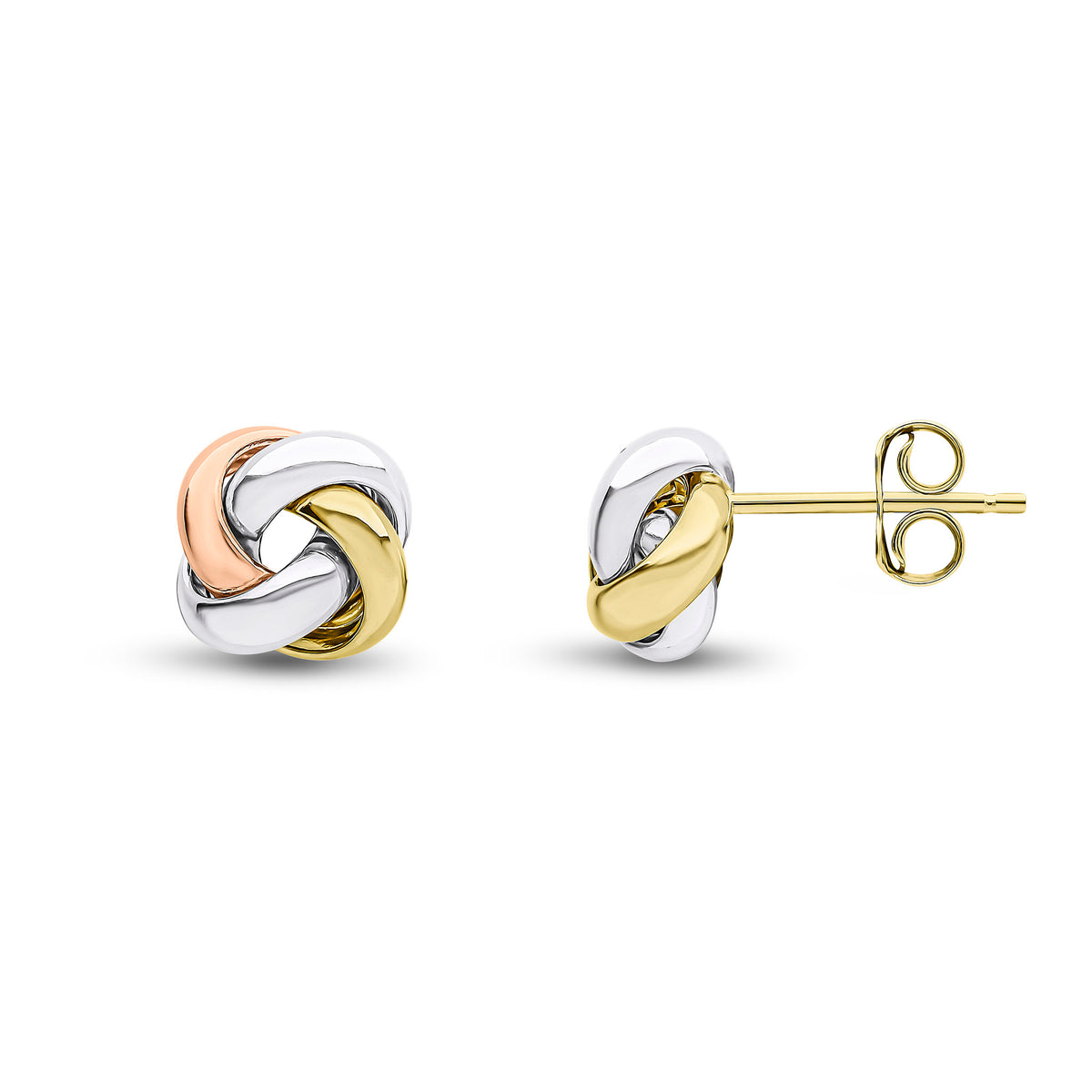 18CT 3 COLOUR GOLD POLISHED 4 STRAND 8MM KNOT EARRINGS