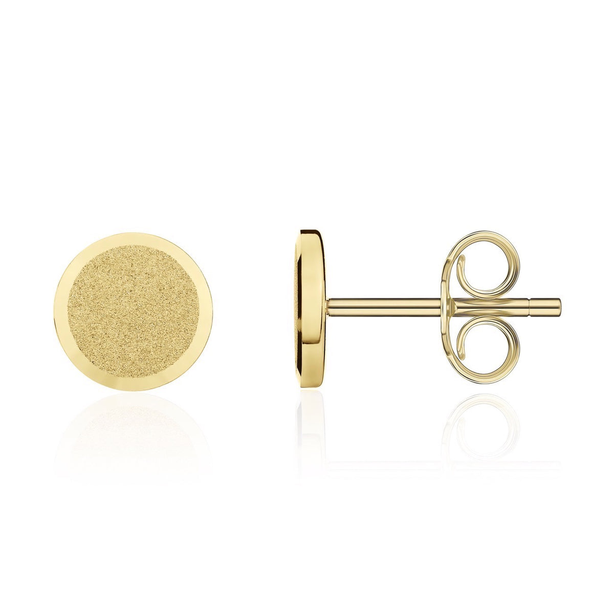 18CT YG SATIN FINISH 8.5MM FLAT DISC STUD EARRINGS WITH POLISHED BEVELLED EDGE