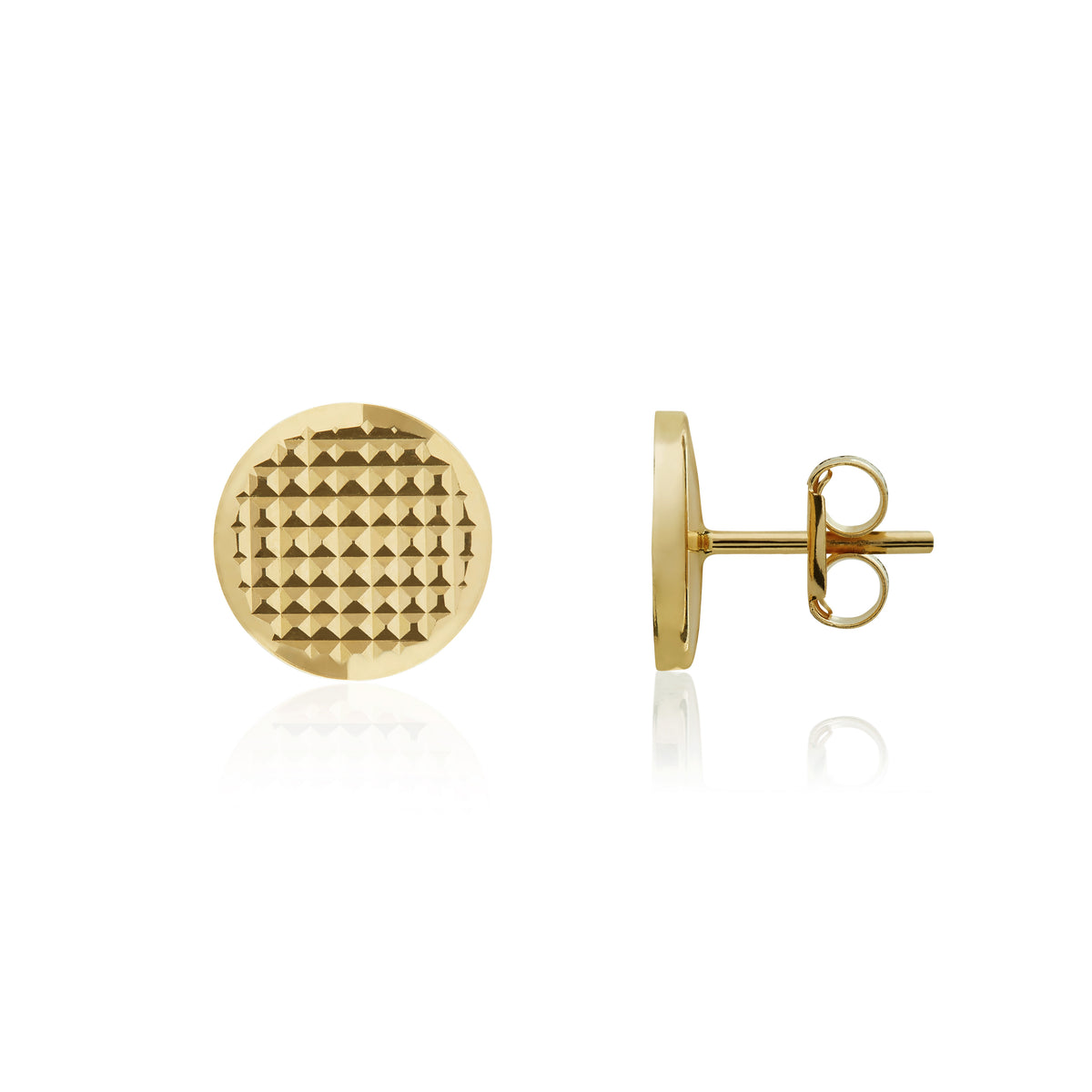 18CT YG 6.5MM FLAT ENGINE-TURNED DISC EARRINGS WITH POLISHED BEVELLED EDGE