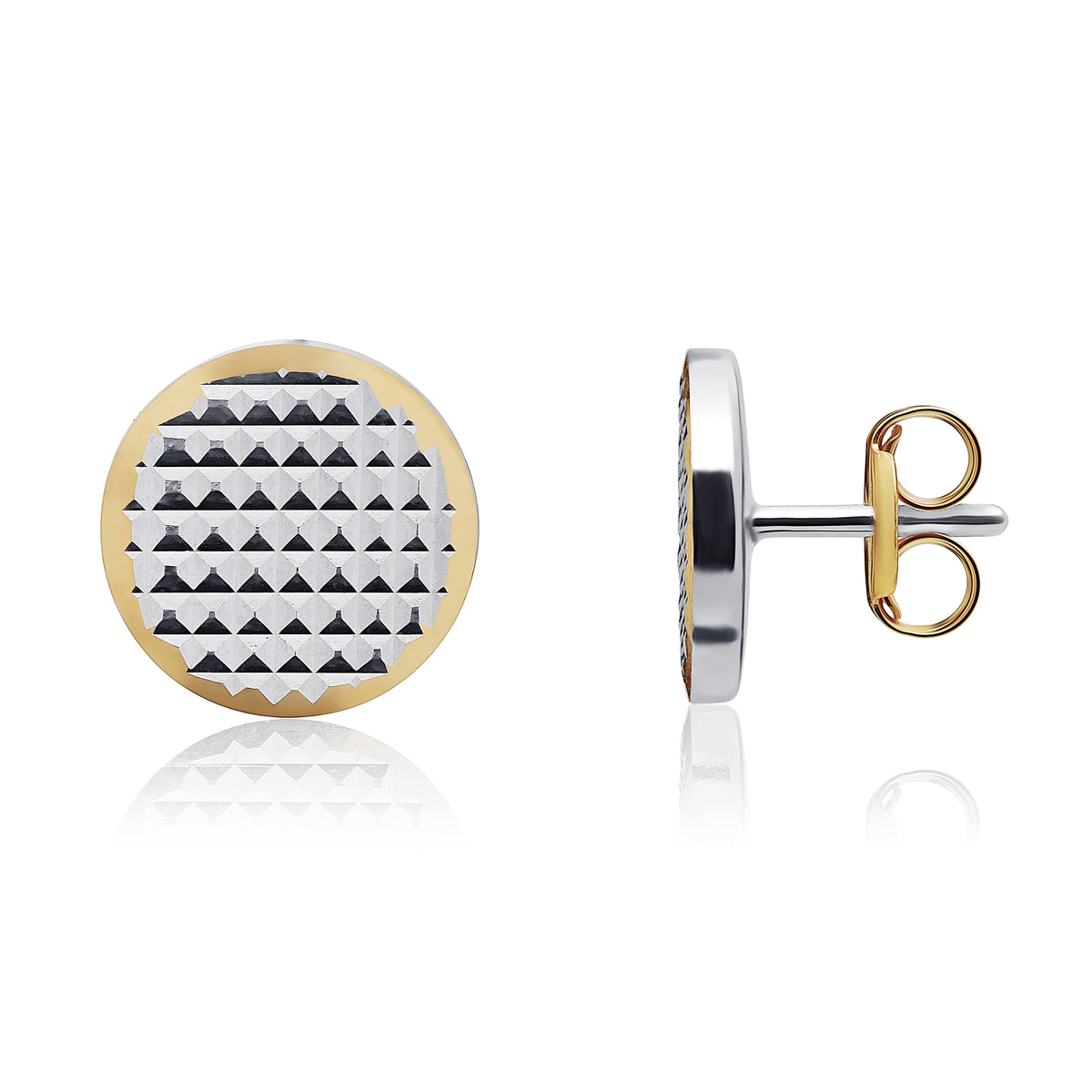 18CT WG ENGINE-TURNED 8.5MM FLAT DISC STUD EARRINGS WITH YG POLISHED BEVELLED EDGE