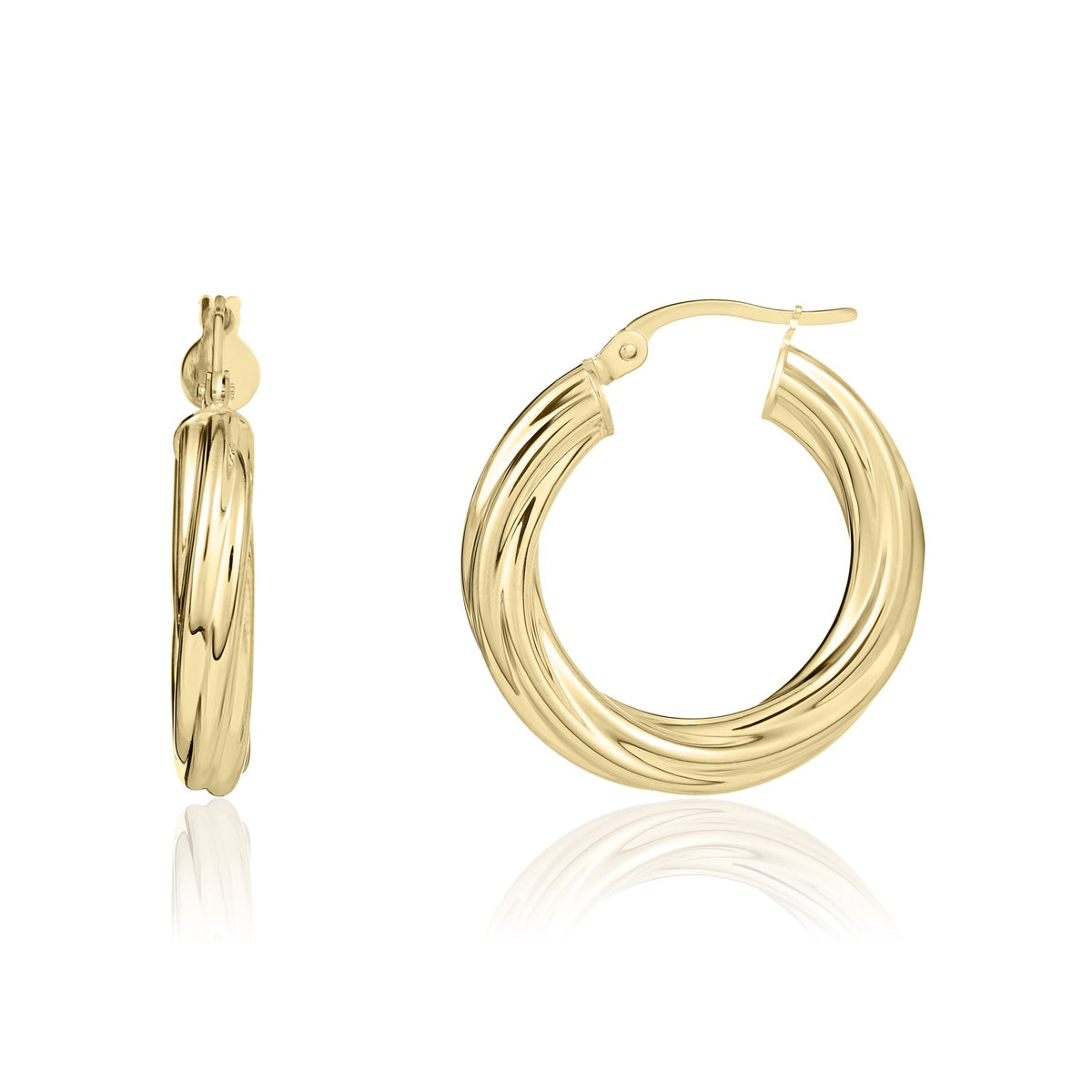 18CT YG 3MM TWISTED ROUND HOOP EARRINGS. 21MM OUTER DIAMETER