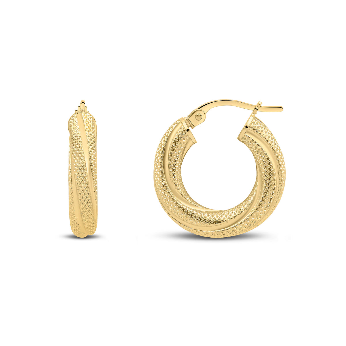 18CT YELLOW GOLD THICK TEXTURED FINISH TWIST ROUND HOOP EARRINGS 18MM DIAMETER